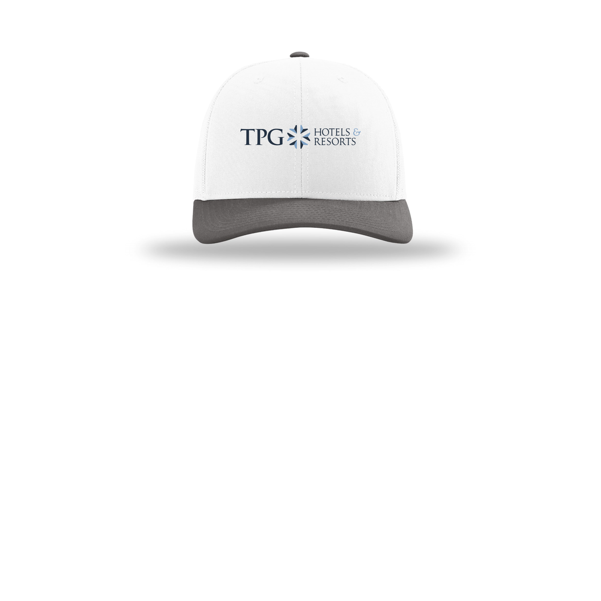 tpghotelsandresorts-richardson-trucker-cap-embroidery-capfront-R112-whitewhitecharcoal-flat-front