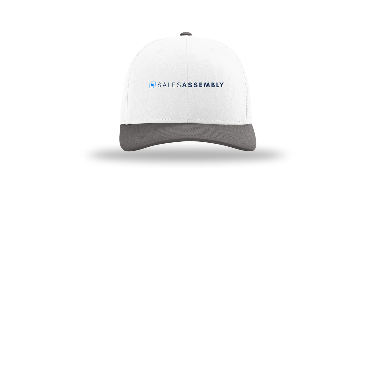 salesassembly-richardson-trucker-cap-embroidery-capfront-R112-whitewhitecharcoal-flat-front