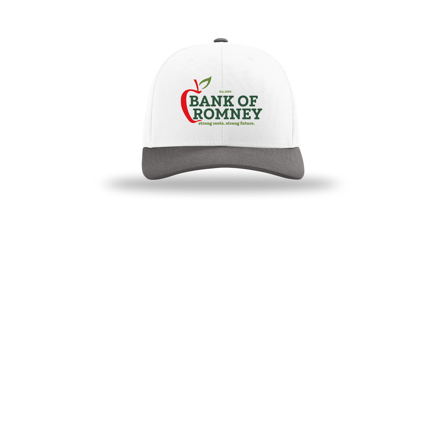 bankofromney-richardson-trucker-cap-embroidery-capfront-R112-whitewhitecharcoal-flat-front