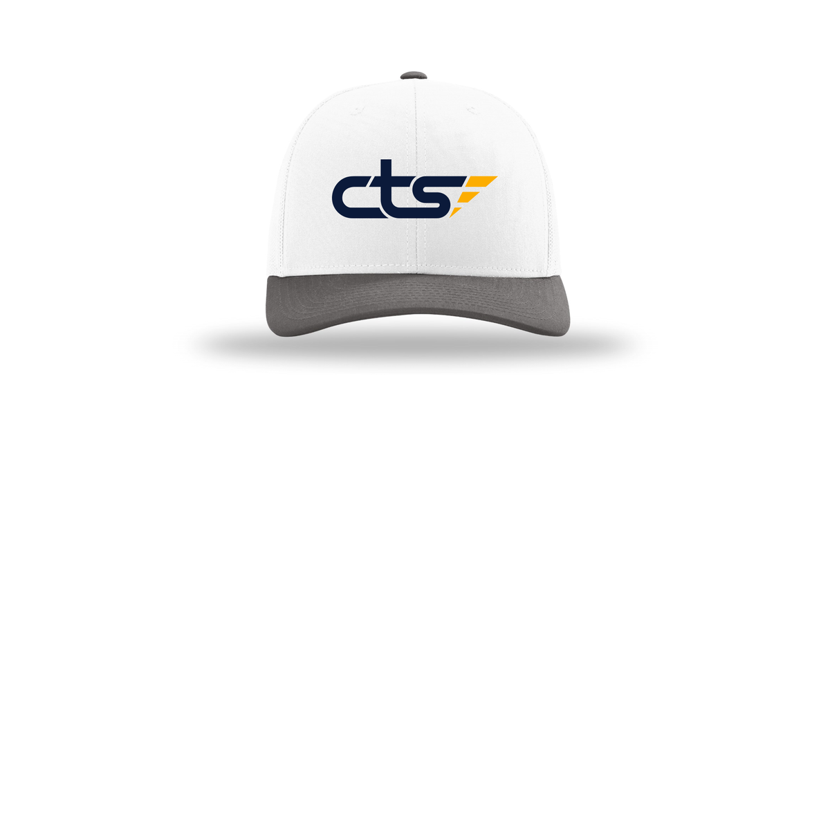 cts1-richardson-trucker-cap-embroidery-capfront-R112-whitewhitecharcoal-flat-front