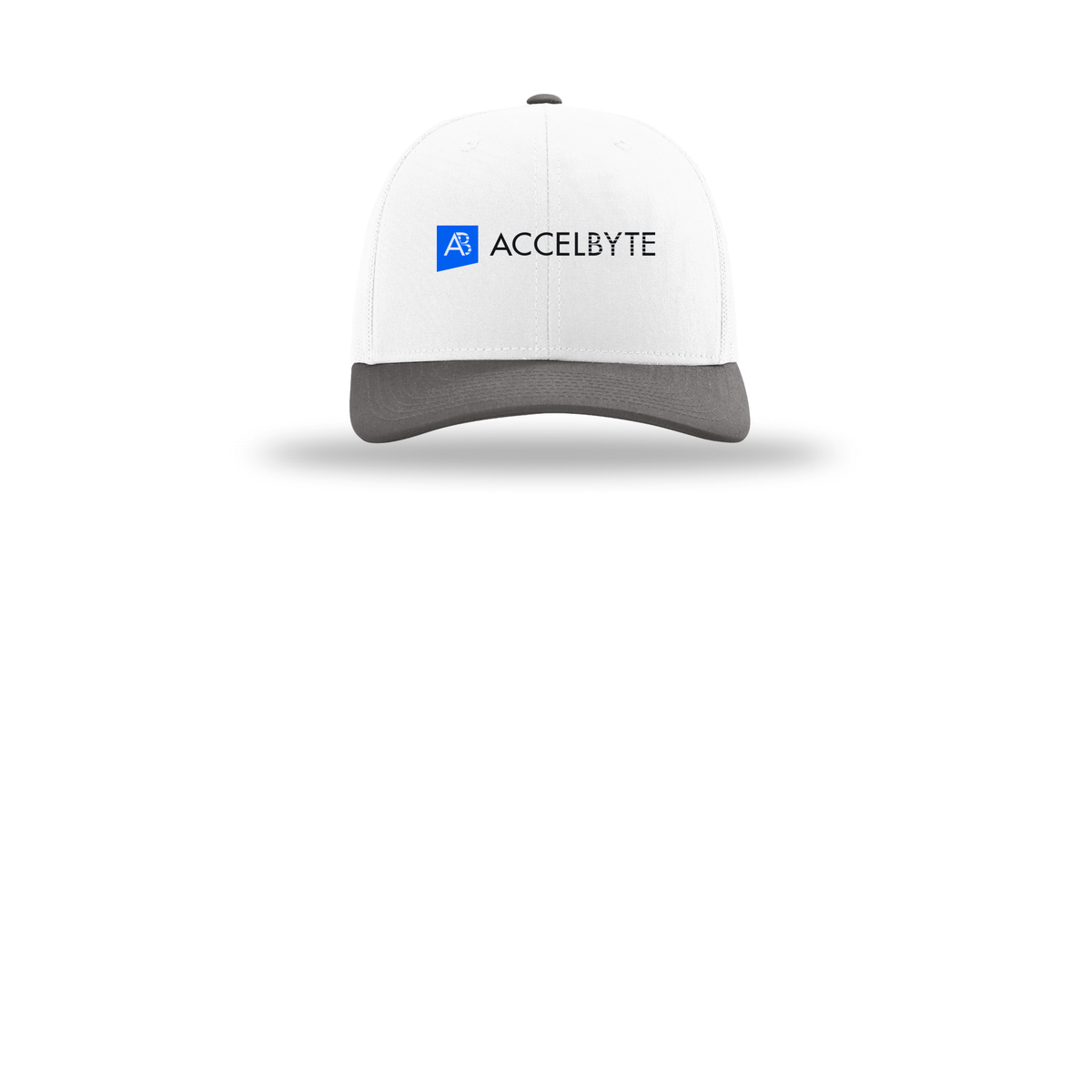 accelbyte-richardson-trucker-cap-embroidery-capfront-R112-whitewhitecharcoal-flat-front
