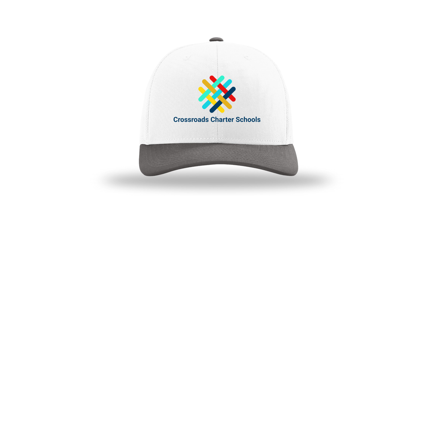 crossroadsschoolskc-richardson-trucker-cap-embroidery-capfront-R112-whitewhitecharcoal-flat-front