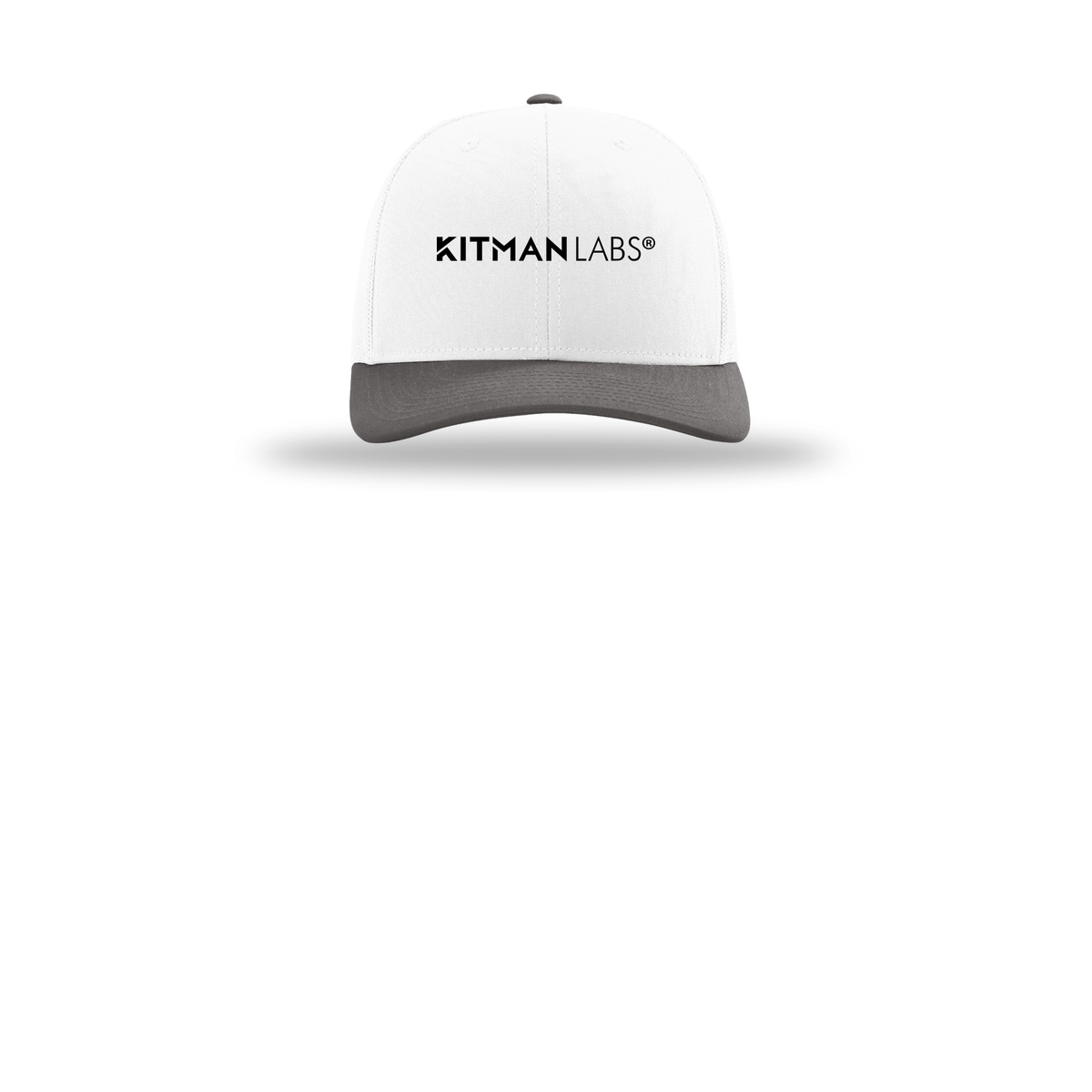 kitmanlabs-richardson-trucker-cap-embroidery-capfront-R112-whitewhitecharcoal-flat-front