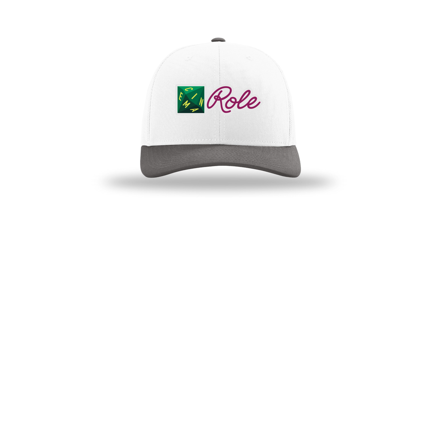 cinemarole-richardson-trucker-cap-embroidery-capfront-R112-whitewhitecharcoal-flat-front