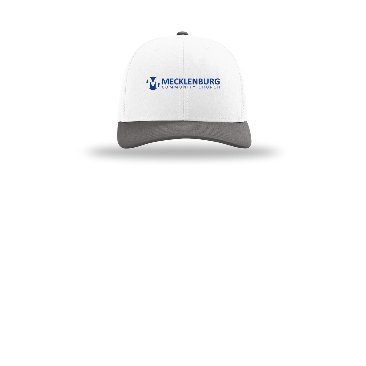 mecklenburg-richardson-trucker-cap-embroidery-capfront-R112-whitewhitecharcoal-flat-front