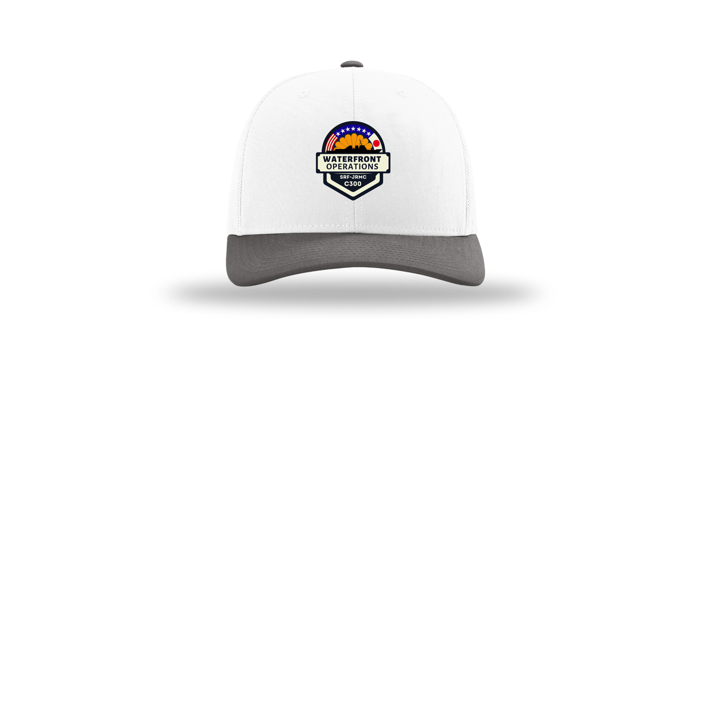 waterfront-operations-retro-trucker-cap-embroidery-capfront-R112-whitewhitecharcoal-flat-front