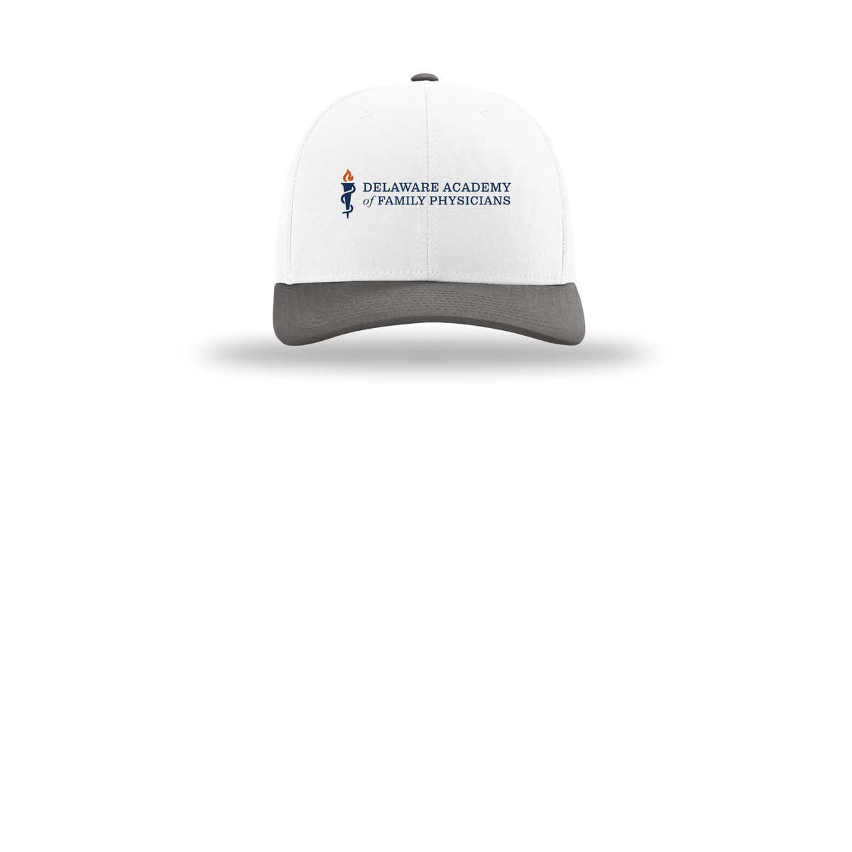 delfamdoc-richardson-trucker-cap-embroidery-capfront-R112-whitewhitecharcoal-flat-front