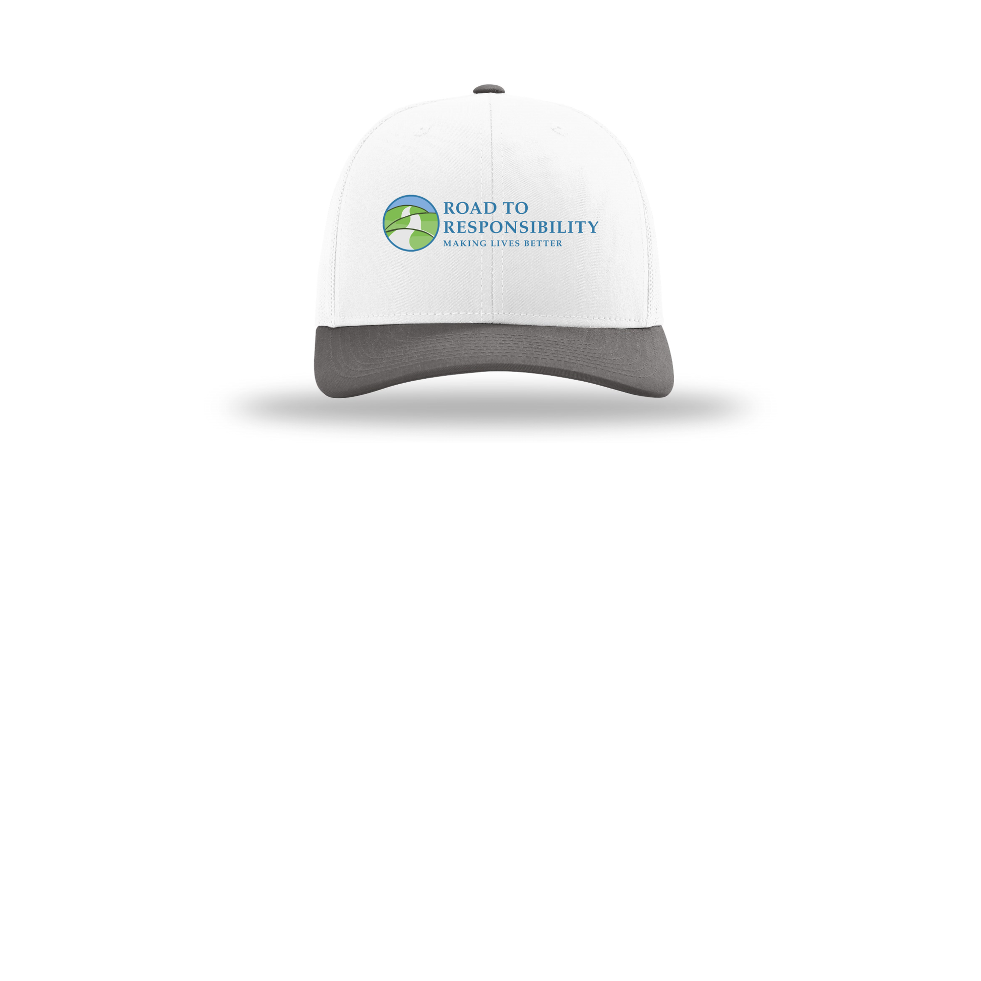 roadtoresponsibility-richardson-trucker-cap-embroidery-capfront-R112-whitewhitecharcoal-flat-front