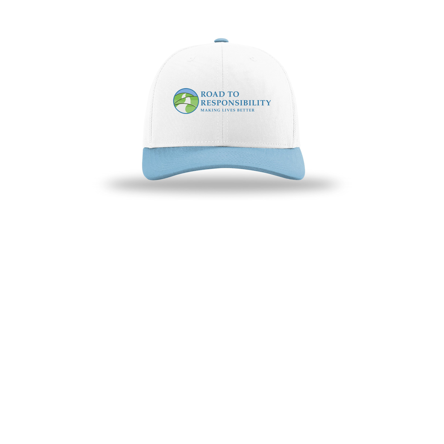 roadtoresponsibility-richardson-trucker-cap-embroidery-capfront-R112-whitewhitecolumbiablue-flat-front