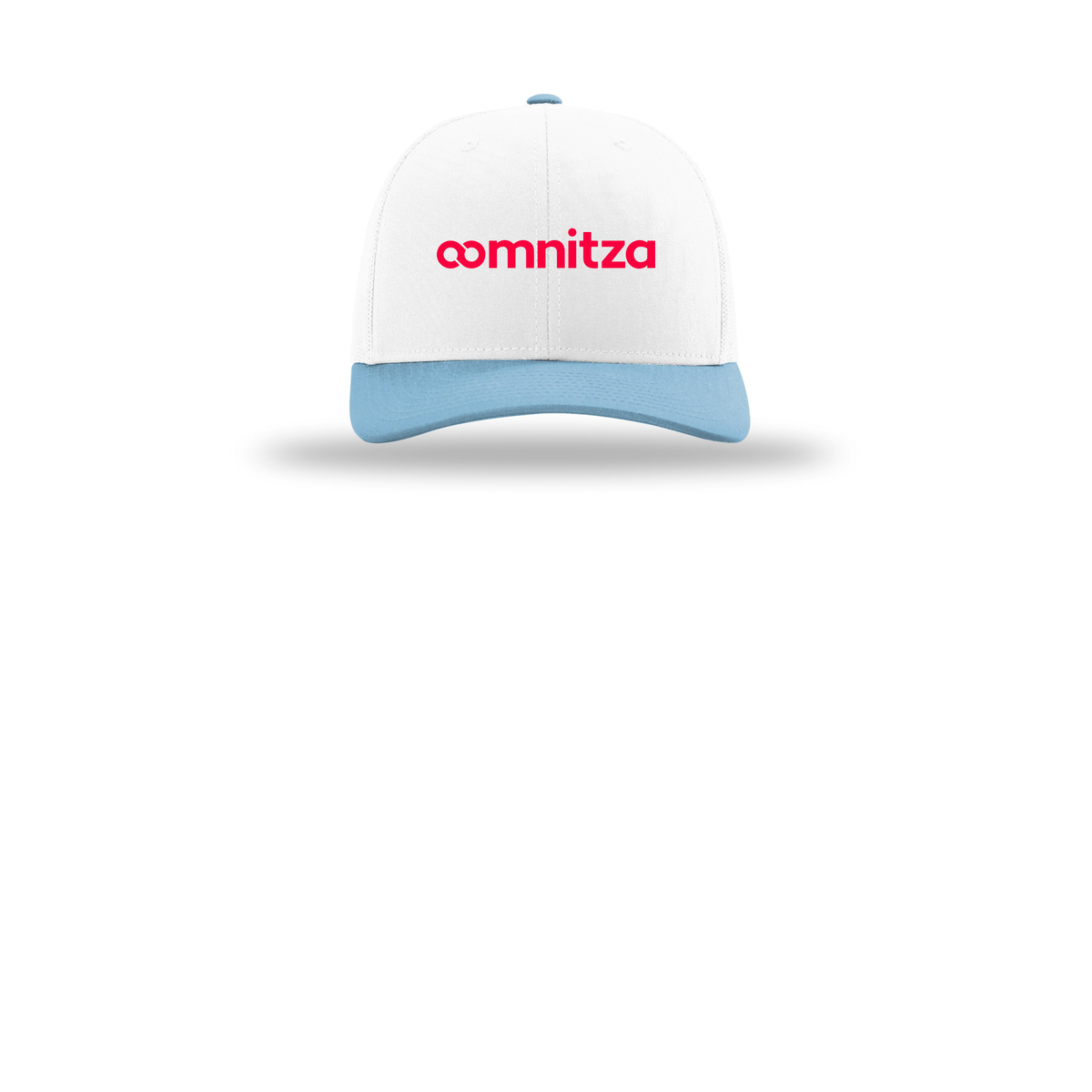 oomnitza-richardson-trucker-cap-embroidery-capfront-R112-whitewhitecolumbiablue-flat-front