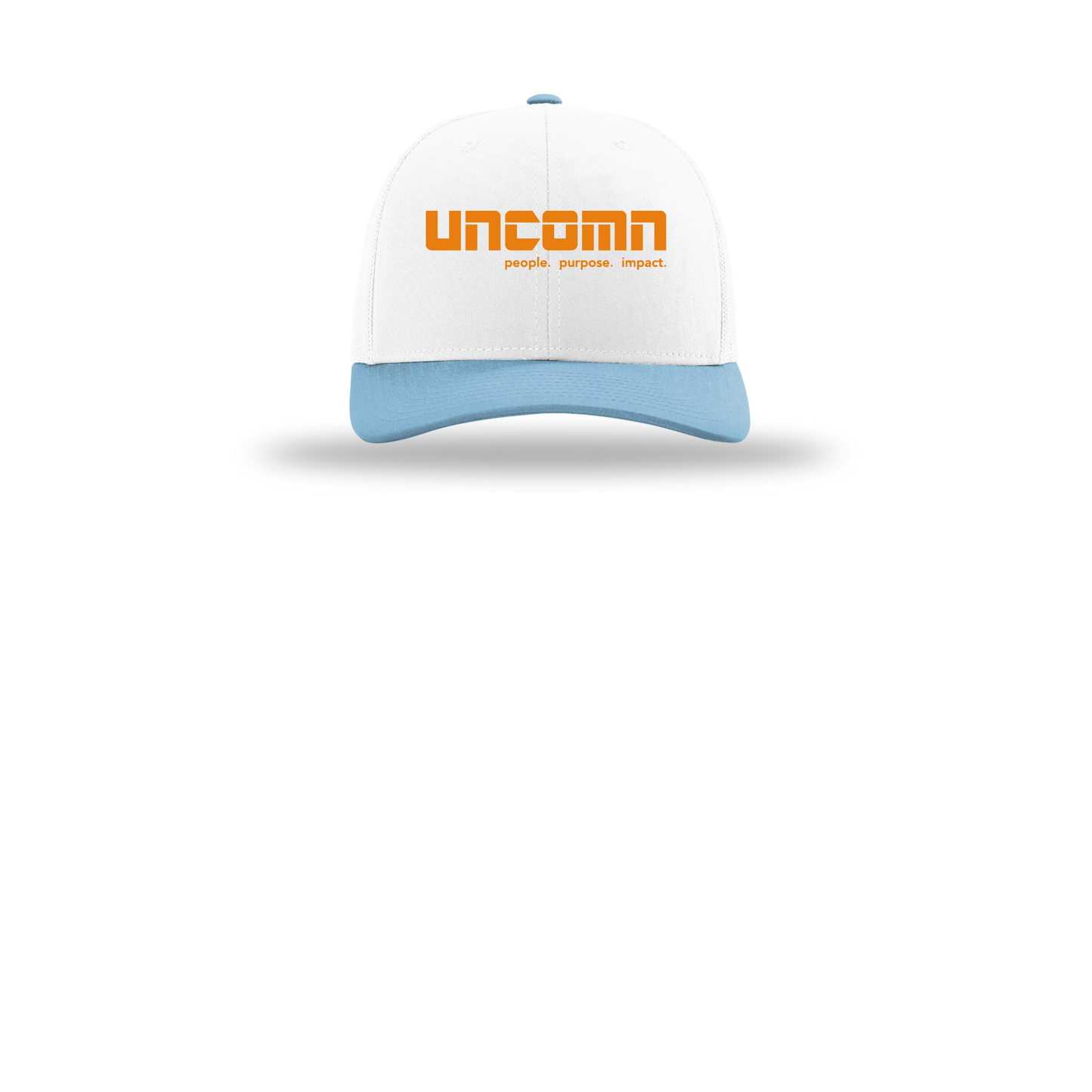 uncomn-richardson-trucker-cap-embroidery-capfront-R112-whitewhitecolumbiablue-flat-front