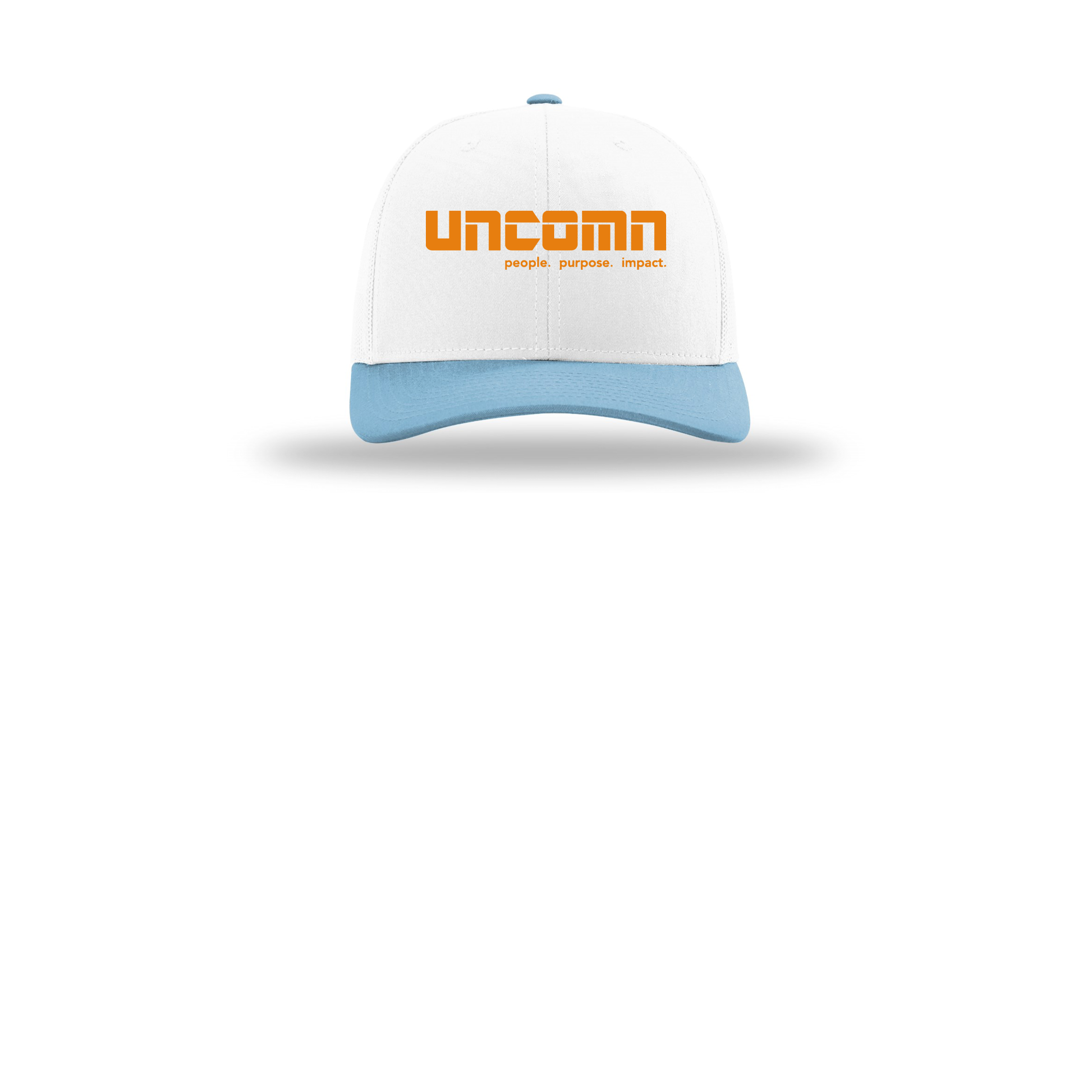 uncomn-richardson-trucker-cap-embroidery-capfront-R112-whitewhitecolumbiablue-flat-front