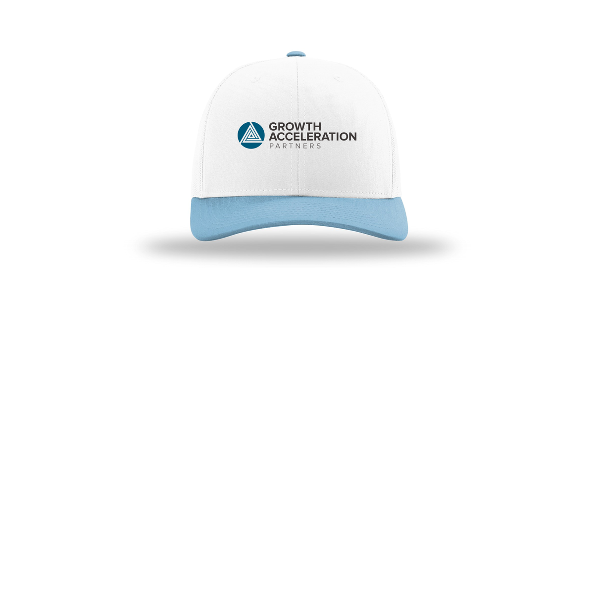growthaccelerationpartners-richardson-trucker-cap-embroidery-capfront-R112-whitewhitecolumbiablue-flat-front