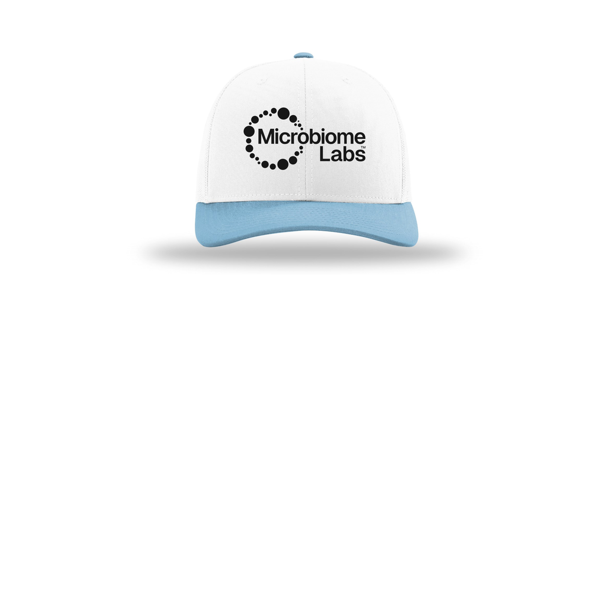 microbiomelabs-richardson-trucker-cap-embroidery-capfront-R112-whitewhitecolumbiablue-flat-front