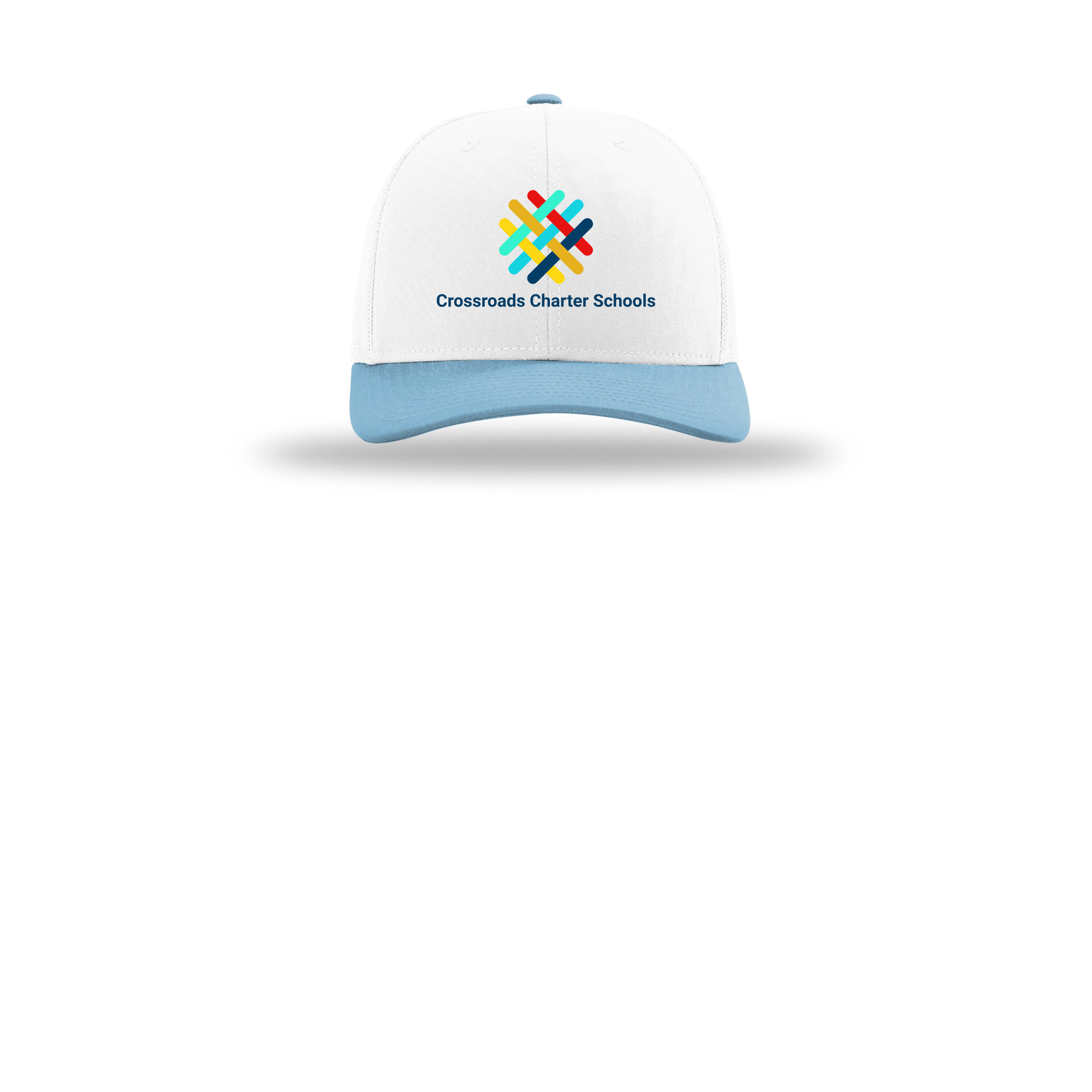 crossroadsschoolskc-richardson-trucker-cap-embroidery-capfront-R112-whitewhitecolumbiablue-flat-front