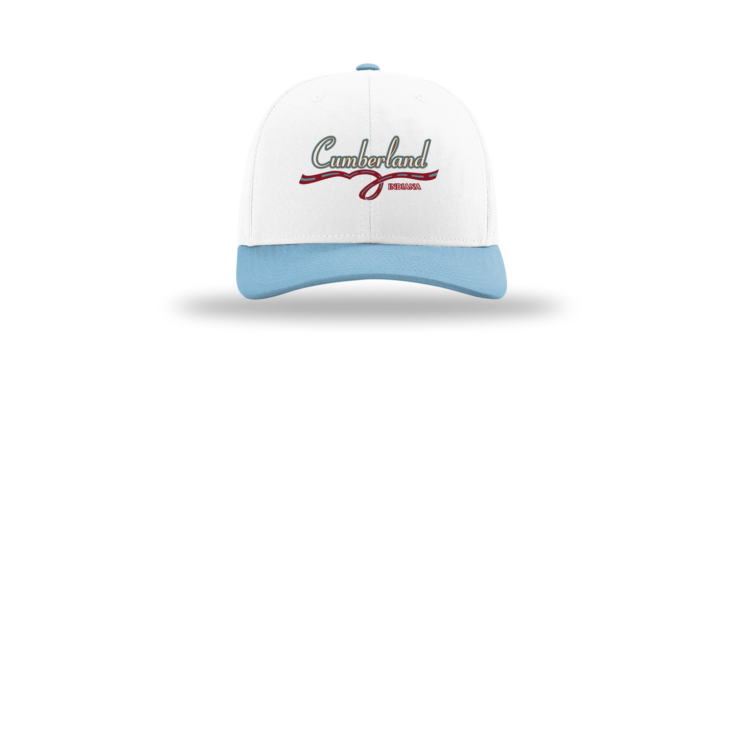 cumberland-richardson-trucker-cap-embroidery-capfront-R112-whitewhitecolumbiablue-flat-front