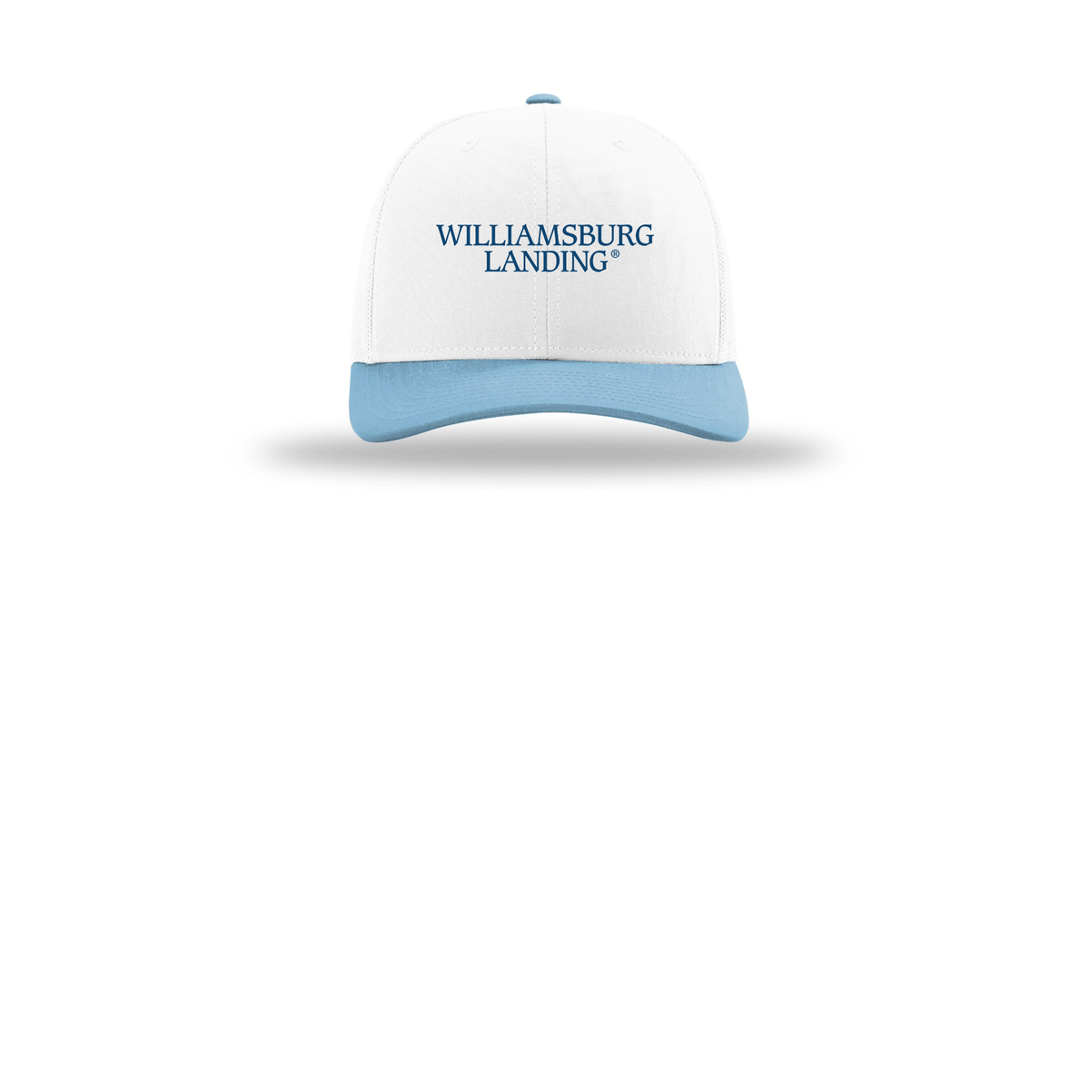 williamsburglanding-richardson-trucker-cap-embroidery-capfront-R112-whitewhitecolumbiablue-flat-front