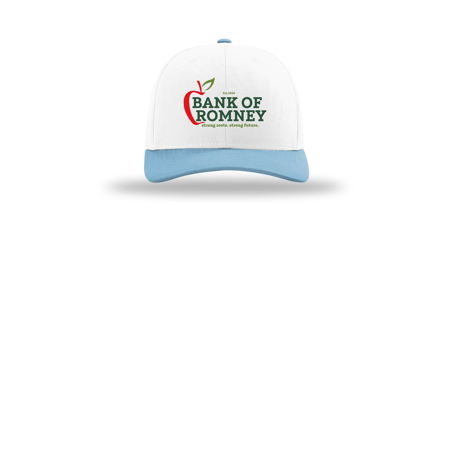 bankofromney-richardson-trucker-cap-embroidery-capfront-R112-whitewhitecolumbiablue-flat-front