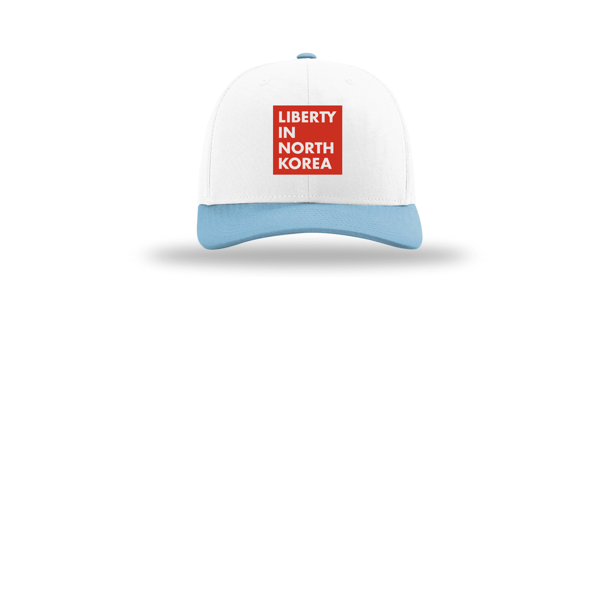libertyinnorthkorea-richardson-trucker-cap-embroidery-capfront-R112-whitewhitecolumbiablue-flat-front