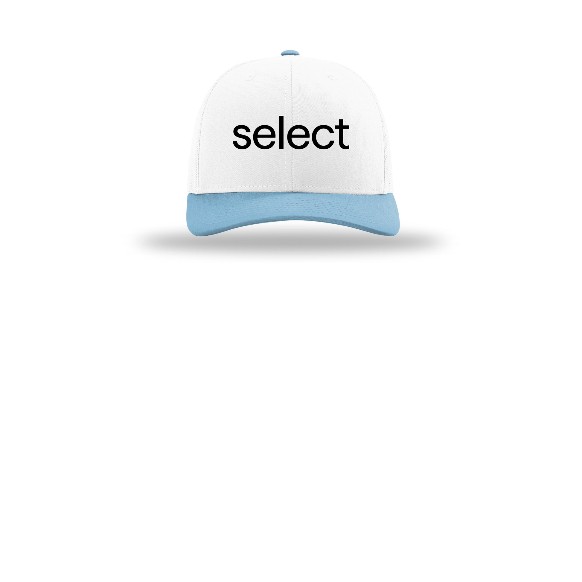 meetselect-richardson-trucker-cap-embroidery-capfront-R112-whitewhitecolumbiablue-flat-front
