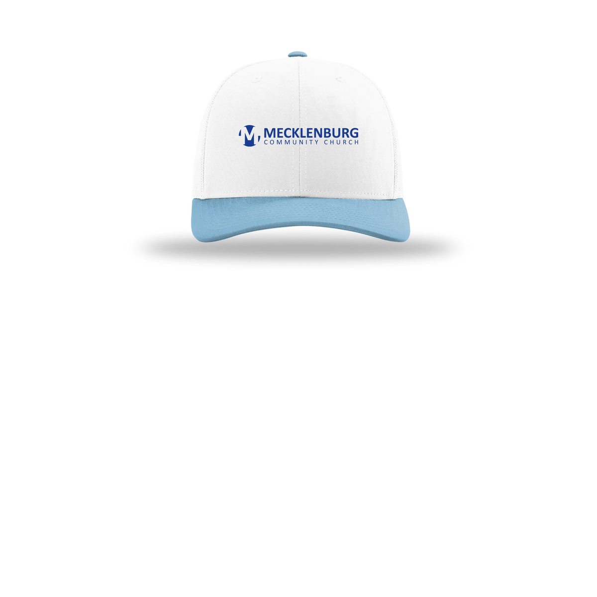 mecklenburg-richardson-trucker-cap-embroidery-capfront-R112-whitewhitecolumbiablue-flat-front