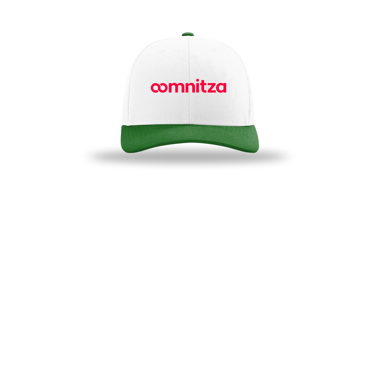 oomnitza-richardson-trucker-cap-embroidery-capfront-R112-whitewhitekelly-flat-front