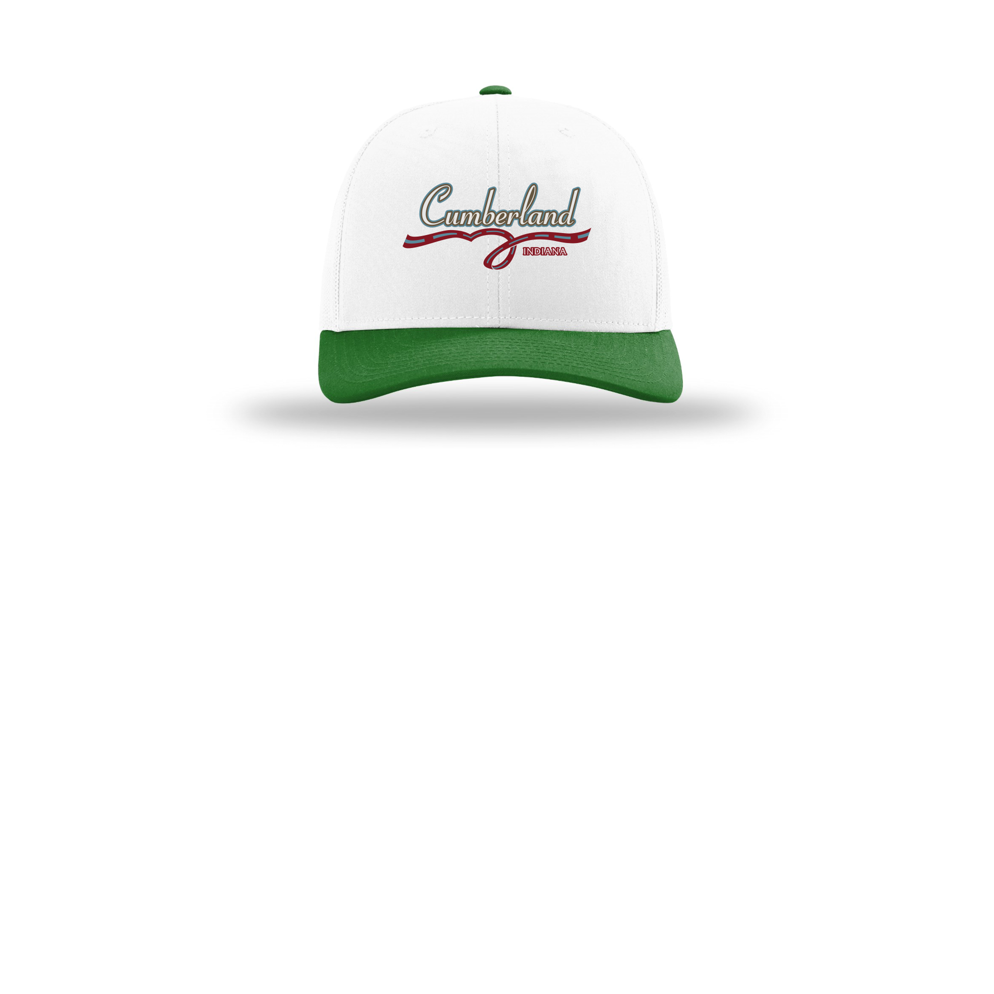 cumberland-richardson-trucker-cap-embroidery-capfront-R112-whitewhitekelly-flat-front
