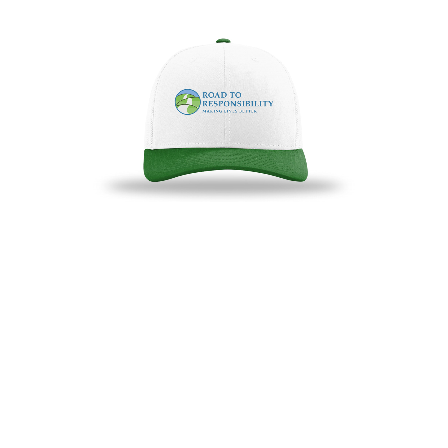 roadtoresponsibility-richardson-trucker-cap-embroidery-capfront-R112-whitewhitekelly-flat-front