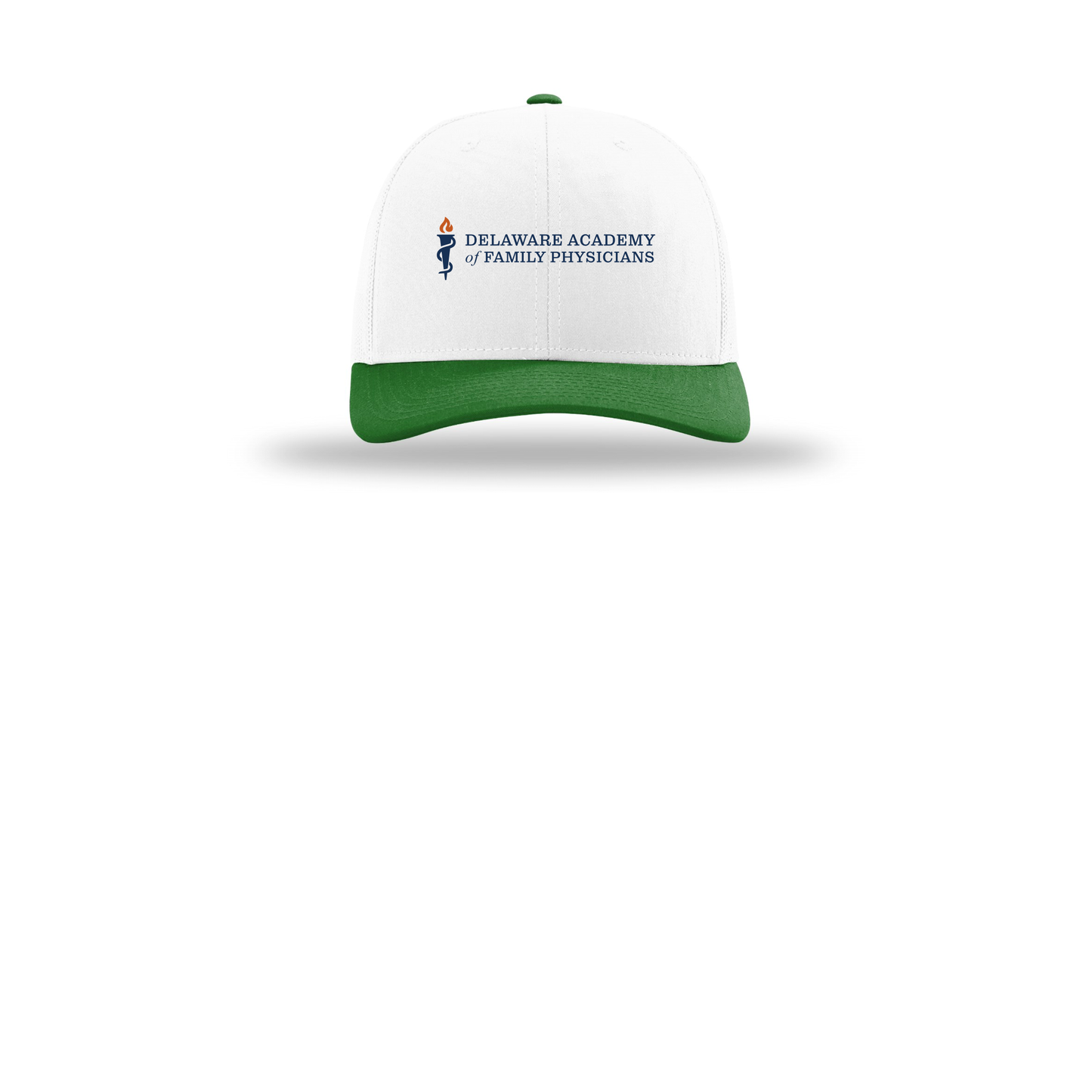 delfamdoc-richardson-trucker-cap-embroidery-capfront-R112-whitewhitekelly-flat-front