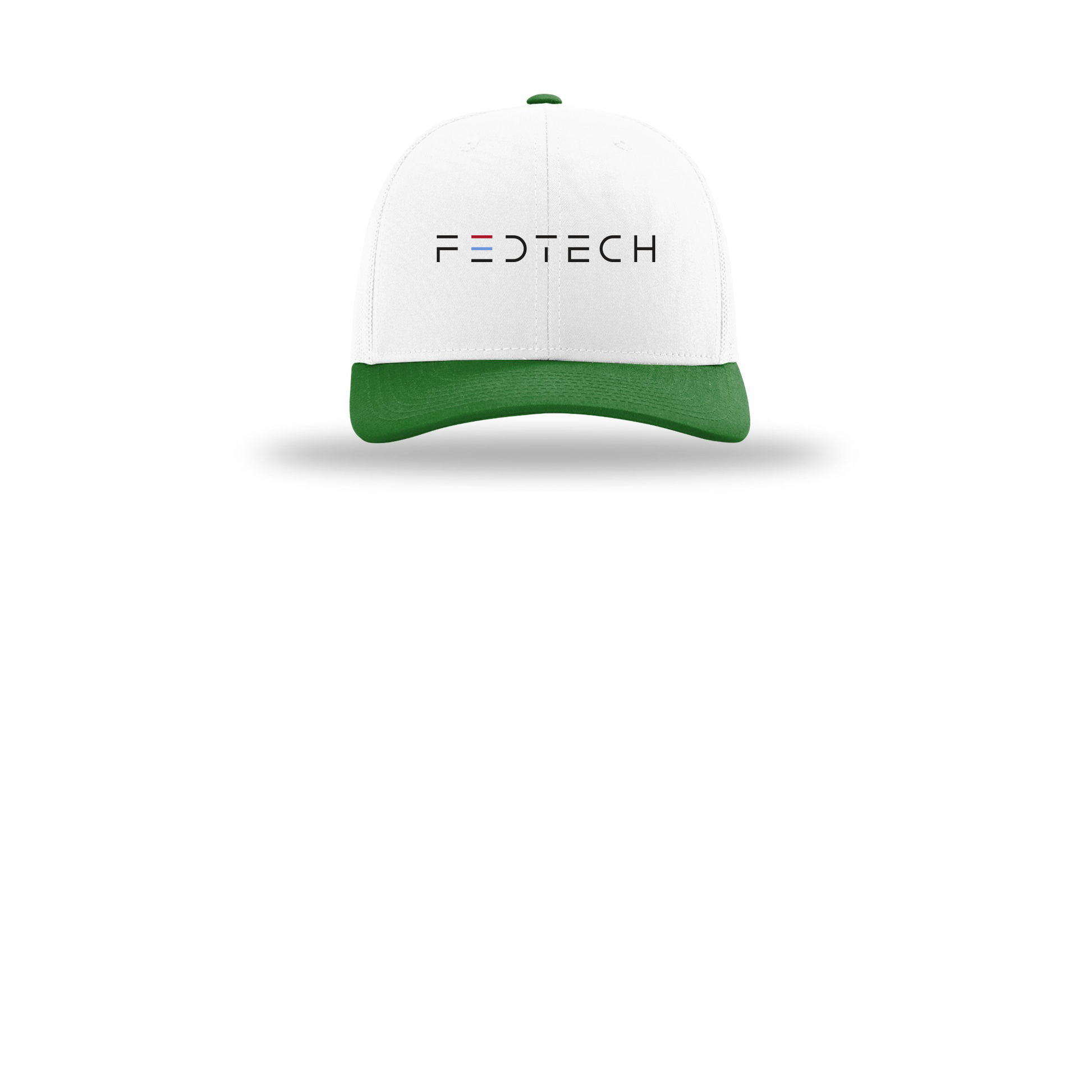 fedtech-richardson-trucker-cap-embroidery-capfront-R112-whitewhitekelly-flat-front