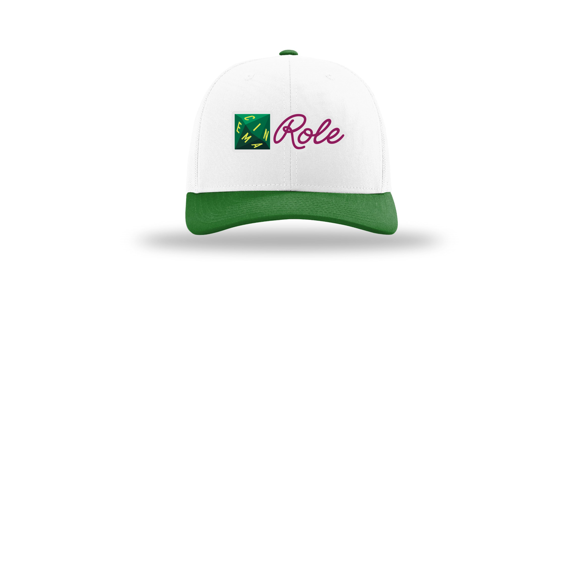 cinemarole-richardson-trucker-cap-embroidery-capfront-R112-whitewhitekelly-flat-front