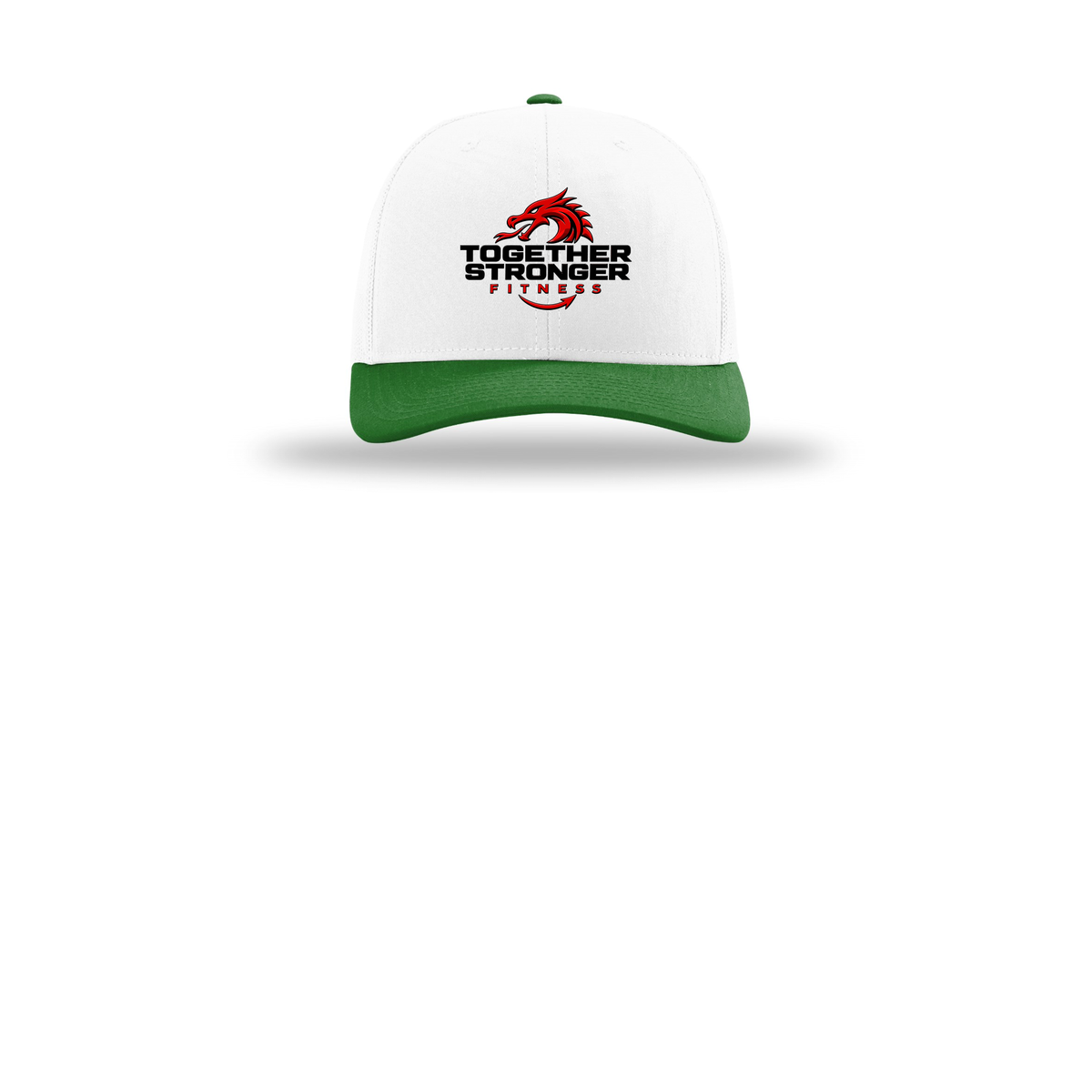 togetherstrongerfitness-richardson-trucker-cap-embroidery-capfront-R112-whitewhitekelly-flat-front