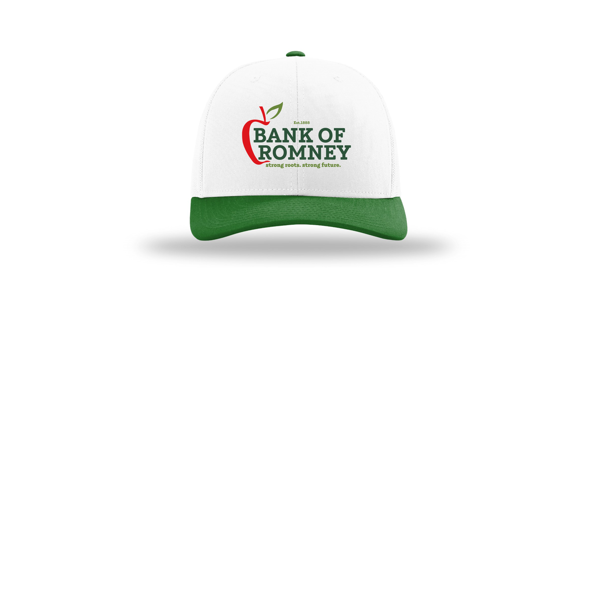 bankofromney-richardson-trucker-cap-embroidery-capfront-R112-whitewhitekelly-flat-front