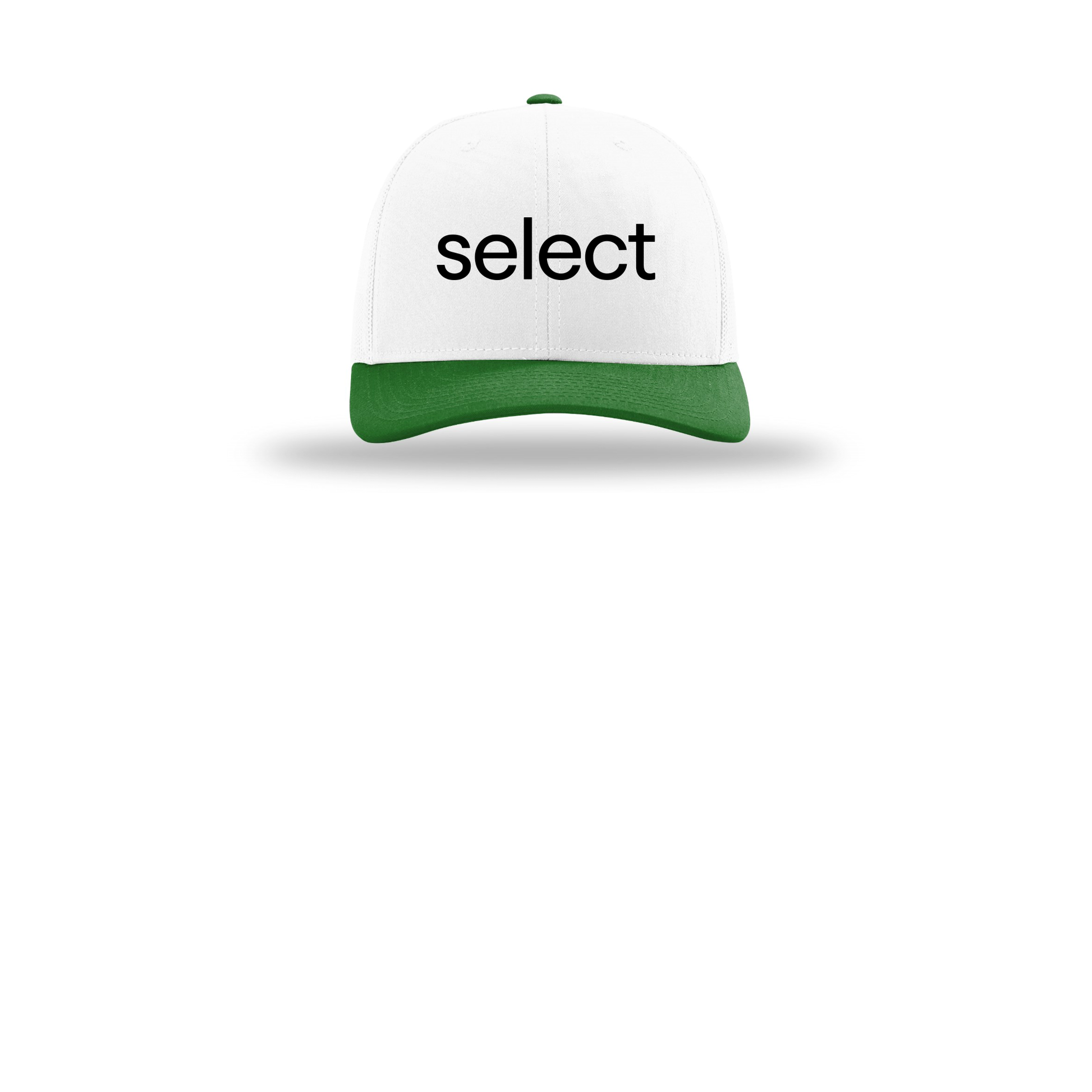 meetselect-richardson-trucker-cap-embroidery-capfront-R112-whitewhitekelly-flat-front