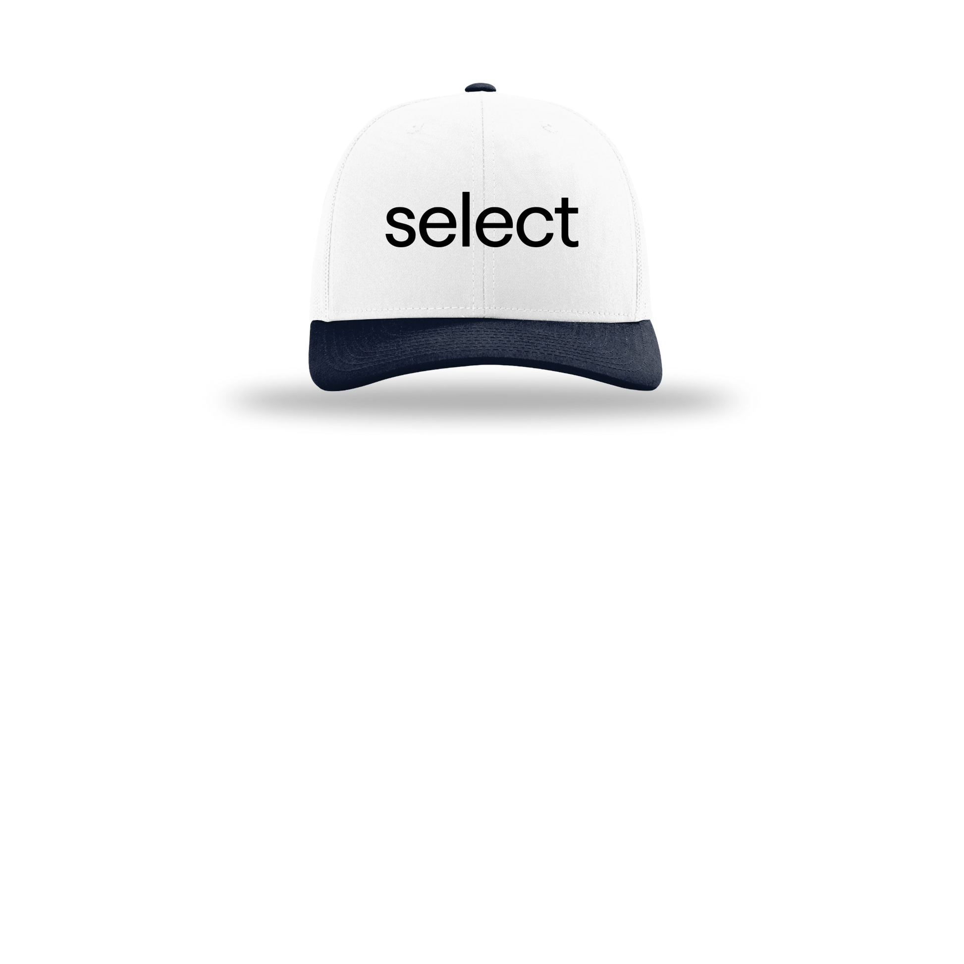 meetselect-richardson-trucker-cap-embroidery-capfront-R112-whitewhitenavy-flat-front