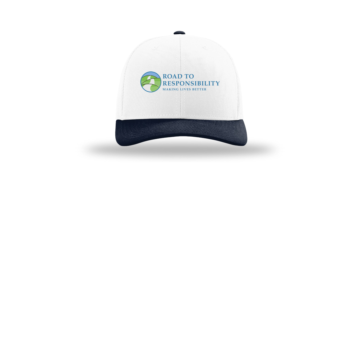 roadtoresponsibility-richardson-trucker-cap-embroidery-capfront-R112-whitewhitenavy-flat-front