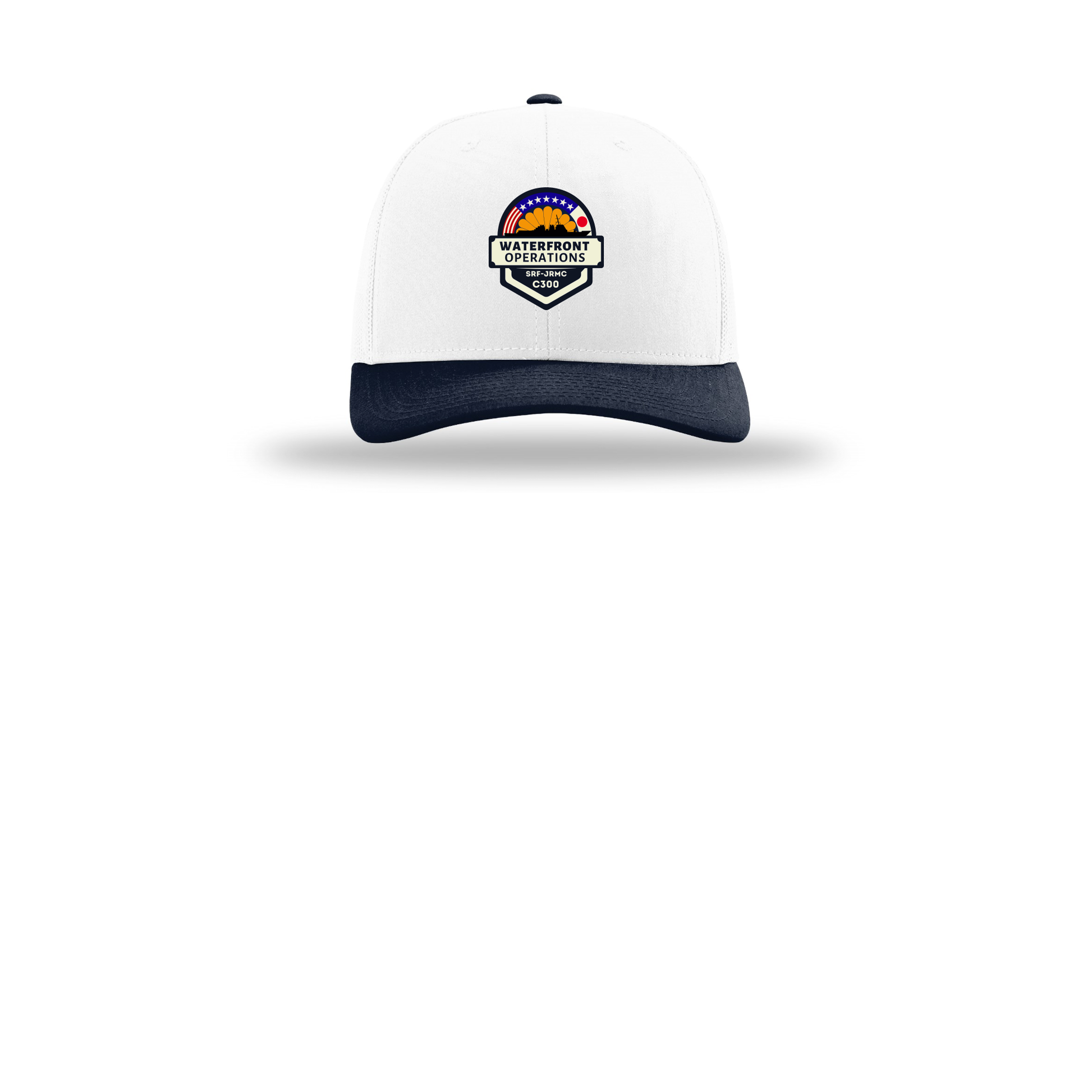 waterfront-operations-retro-trucker-cap-embroidery-capfront-R112-whitewhitenavy-flat-front