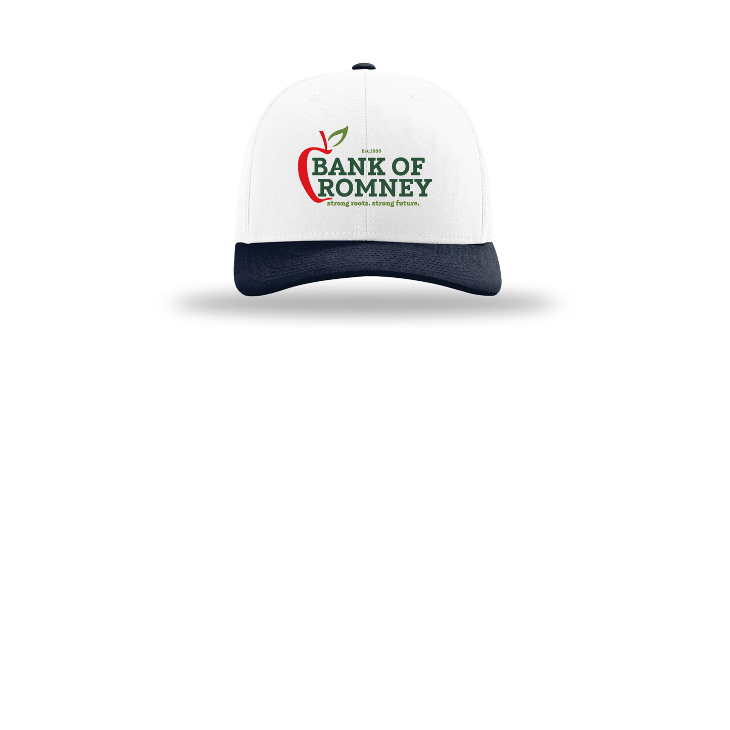 bankofromney-richardson-trucker-cap-embroidery-capfront-R112-whitewhitenavy-flat-front