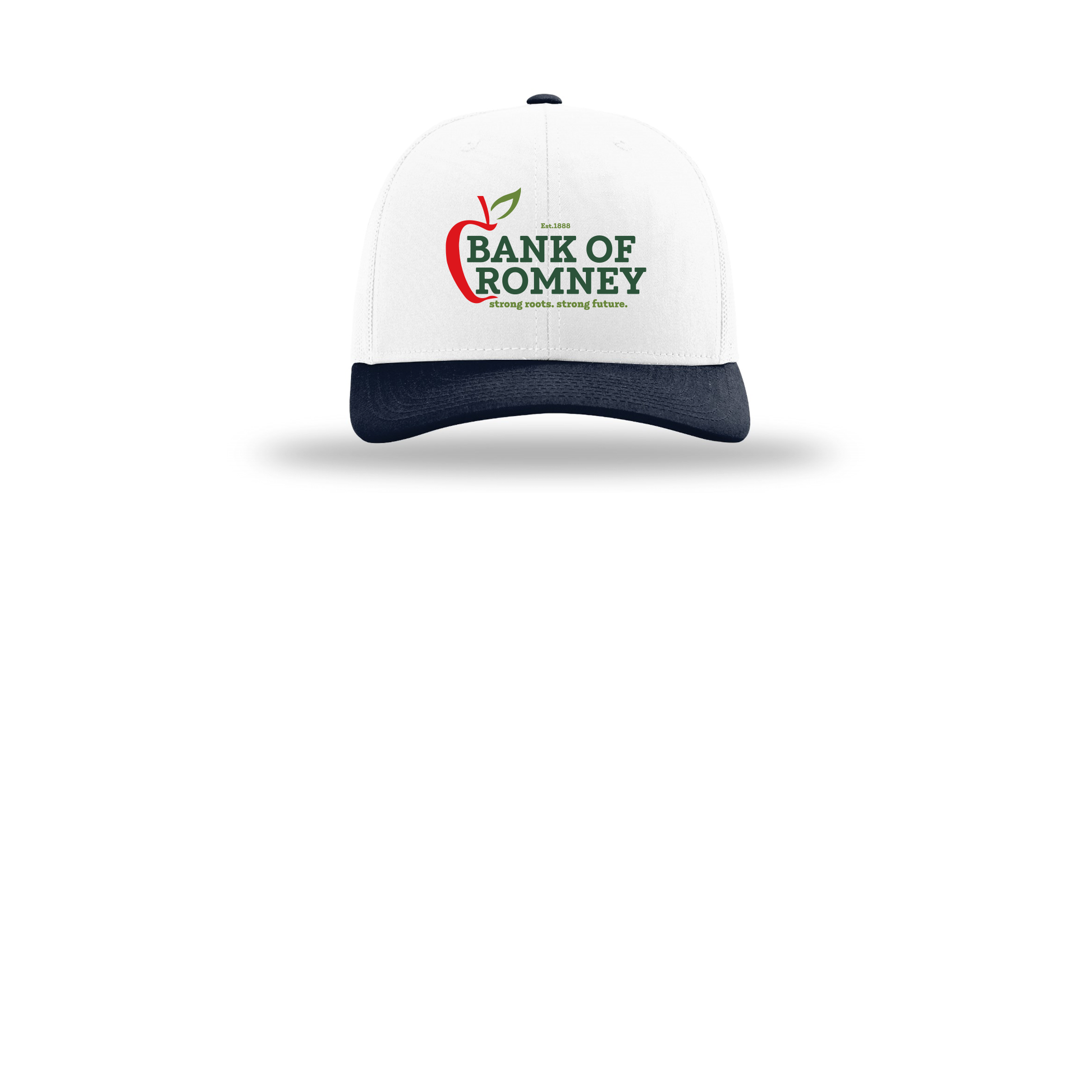 bankofromney-richardson-trucker-cap-embroidery-capfront-R112-whitewhitenavy-flat-front