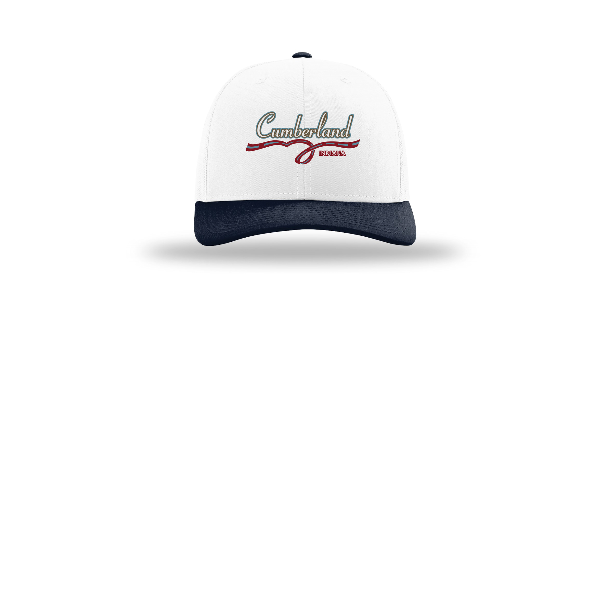 cumberland-richardson-trucker-cap-embroidery-capfront-R112-whitewhitenavy-flat-front
