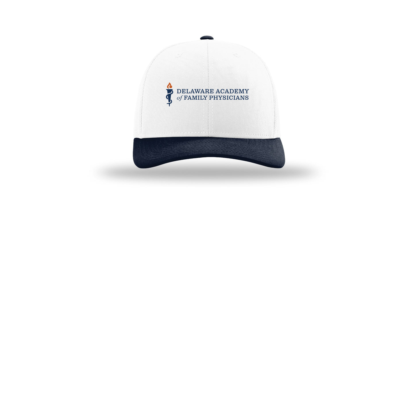 delfamdoc-richardson-trucker-cap-embroidery-capfront-R112-whitewhitenavy-flat-front