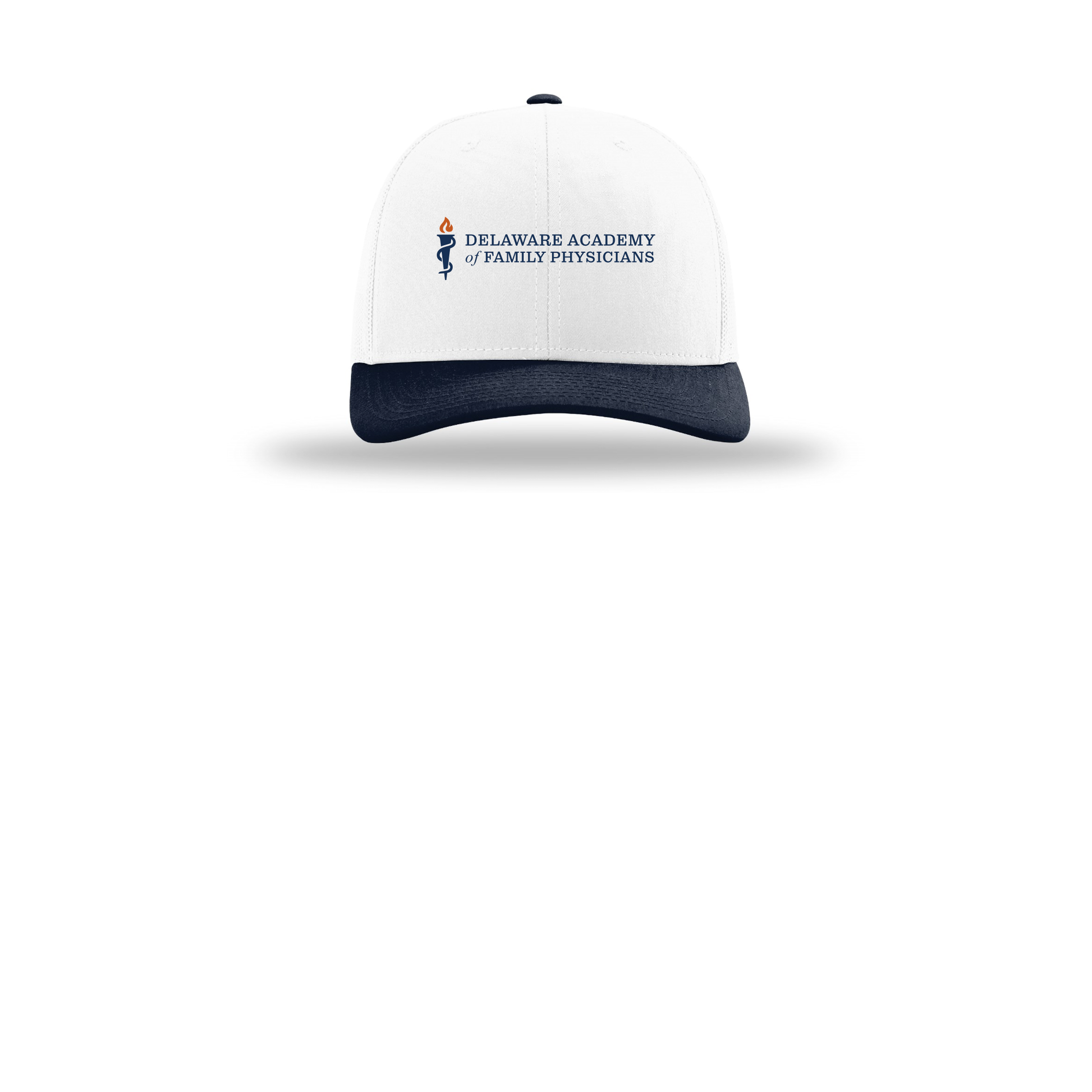delfamdoc-richardson-trucker-cap-embroidery-capfront-R112-whitewhitenavy-flat-front