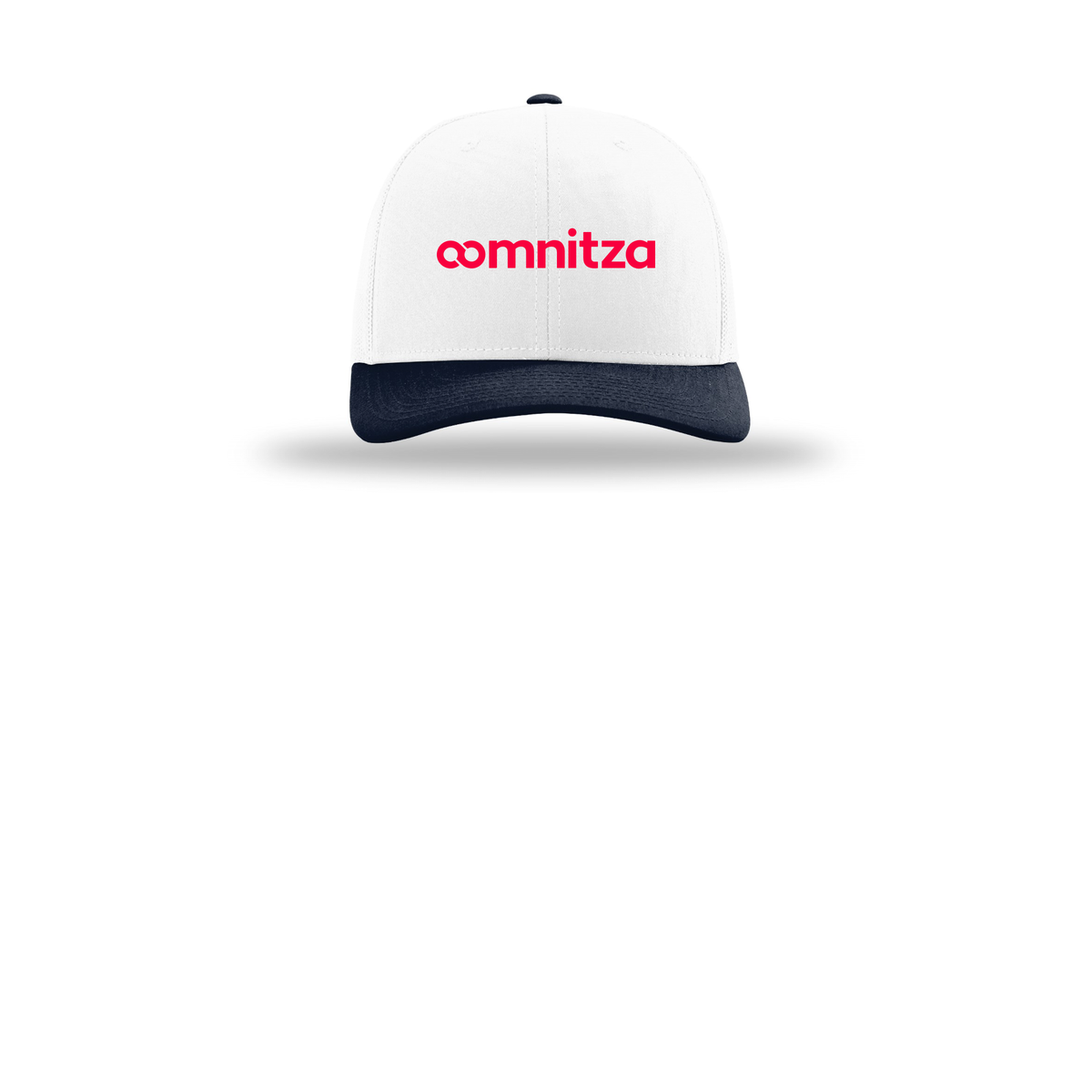 oomnitza-richardson-trucker-cap-embroidery-capfront-R112-whitewhitenavy-flat-front