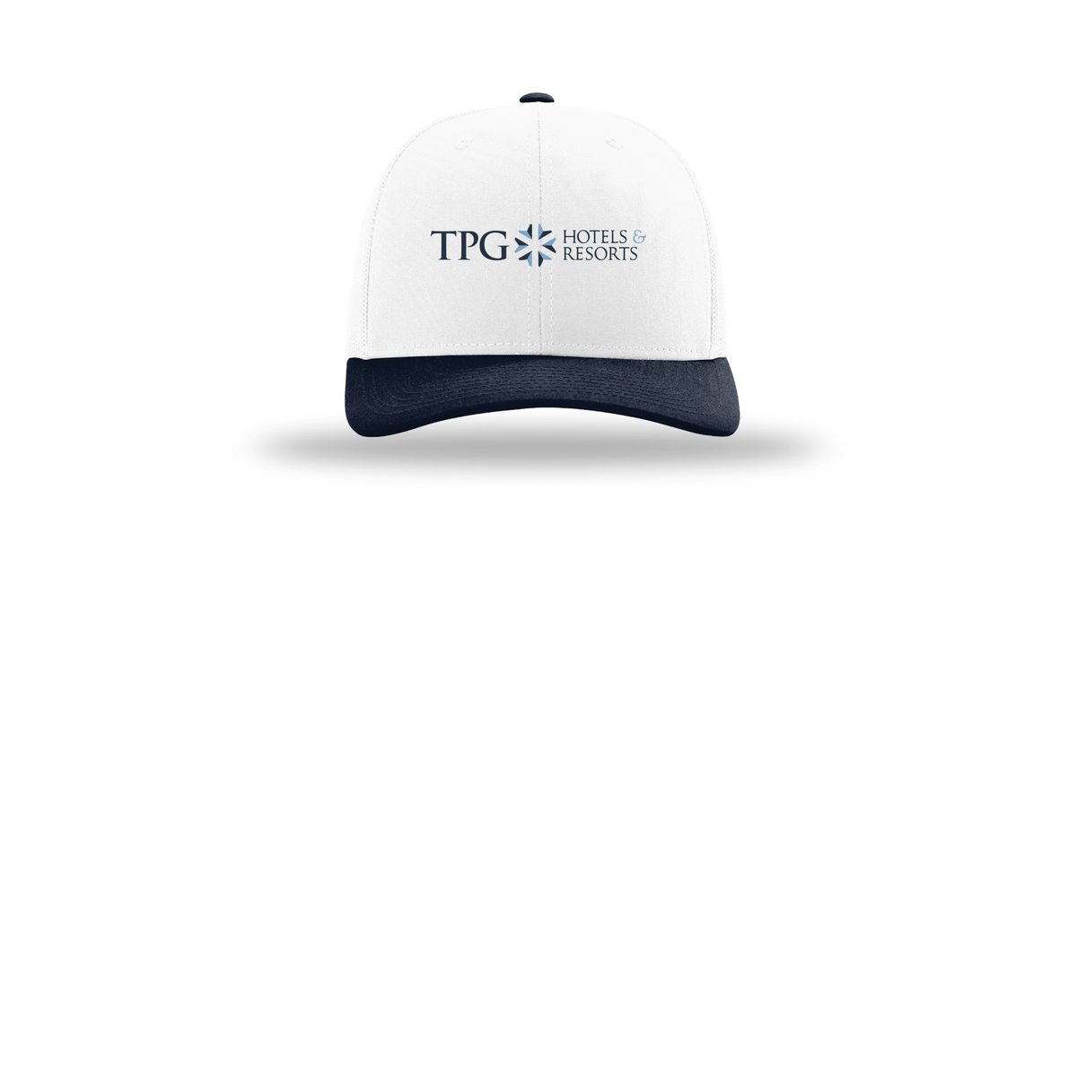 tpghotelsandresorts-richardson-trucker-cap-embroidery-capfront-R112-whitewhitenavy-flat-front
