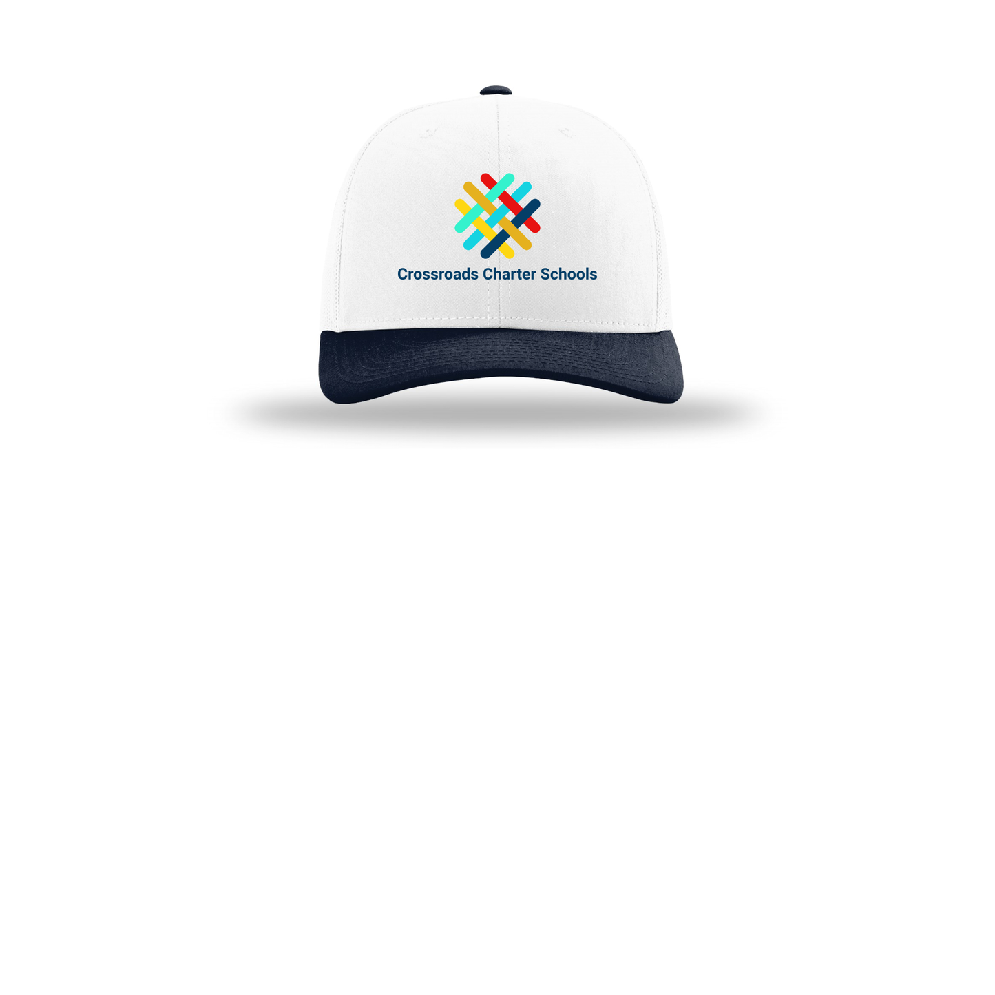 crossroadsschoolskc-richardson-trucker-cap-embroidery-capfront-R112-whitewhitenavy-flat-front