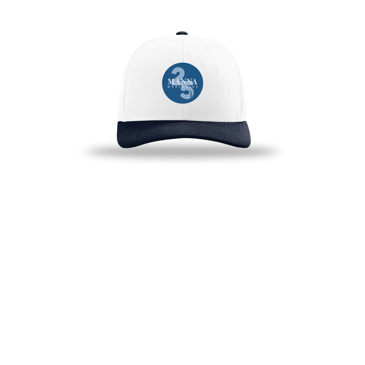 mannaworldwide-richardson-trucker-cap-embroidery-capfront-R112-whitewhitenavy-flat-front