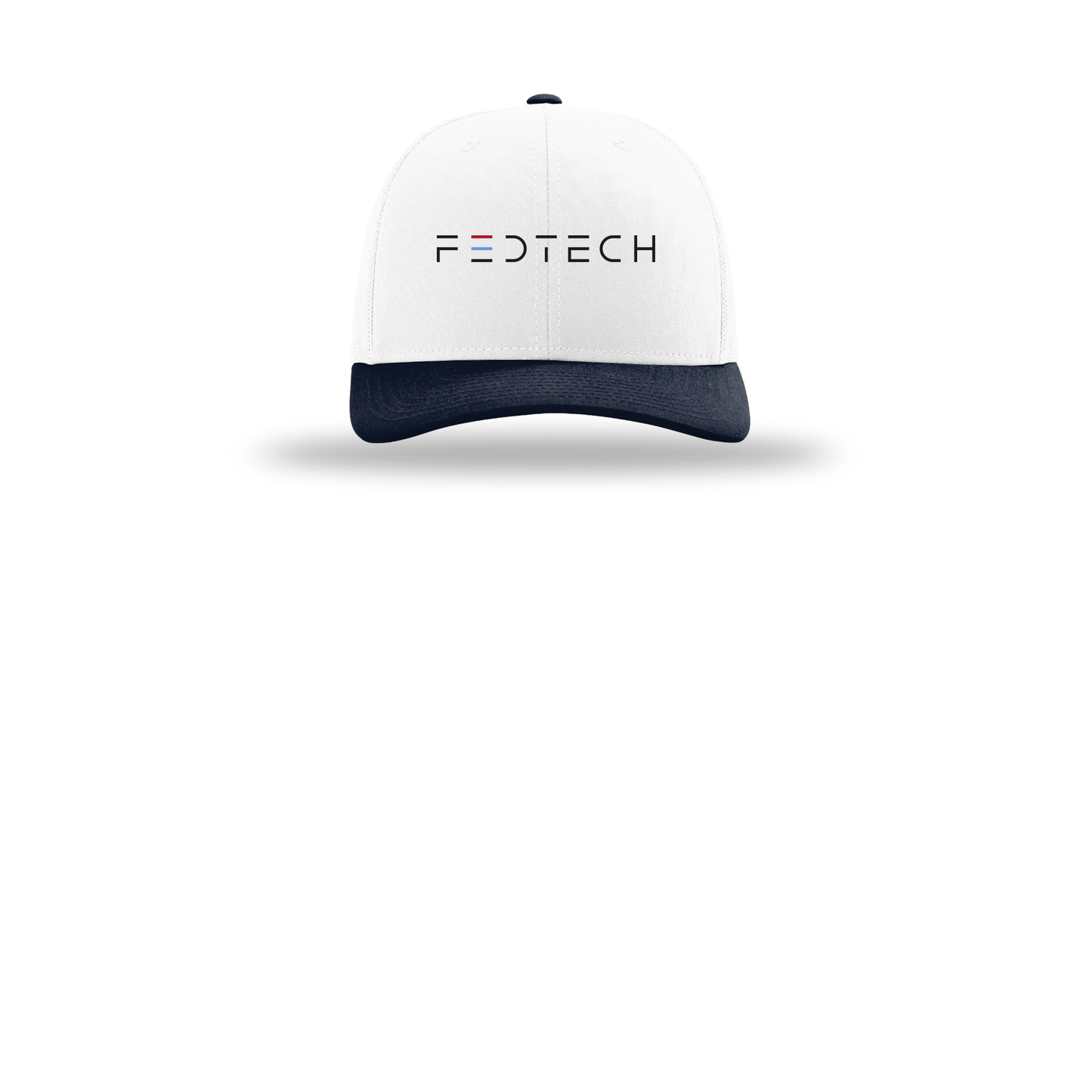 fedtech-richardson-trucker-cap-embroidery-capfront-R112-whitewhitenavy-flat-front