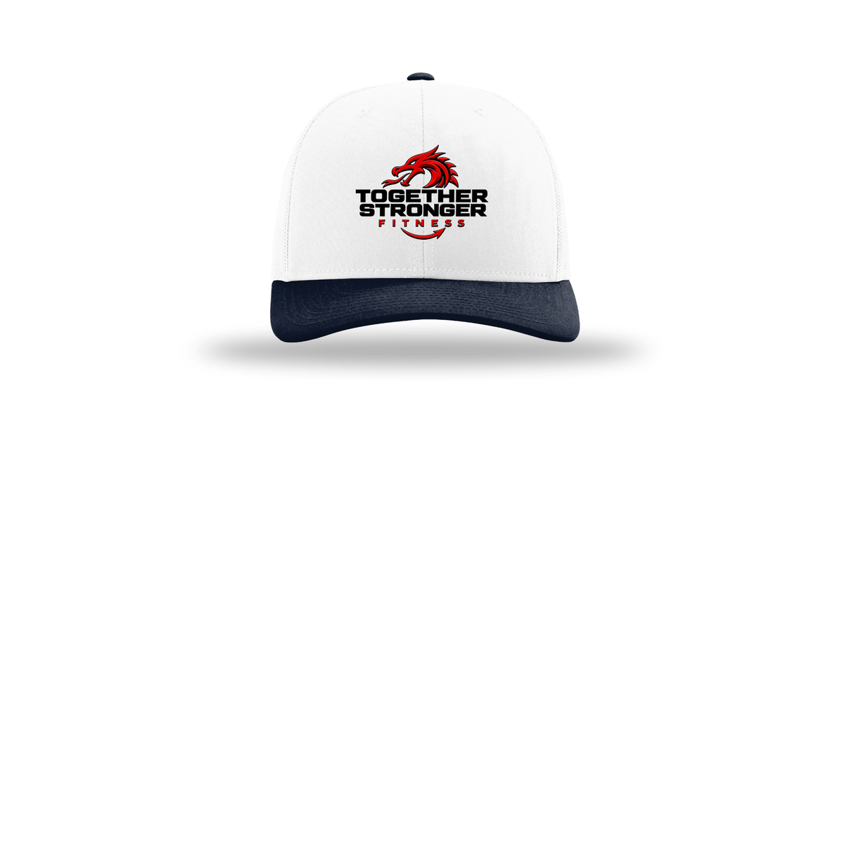 togetherstrongerfitness-richardson-trucker-cap-embroidery-capfront-R112-whitewhitenavy-flat-front