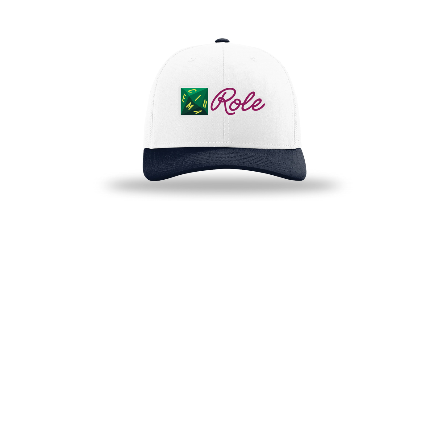 cinemarole-richardson-trucker-cap-embroidery-capfront-R112-whitewhitenavy-flat-front