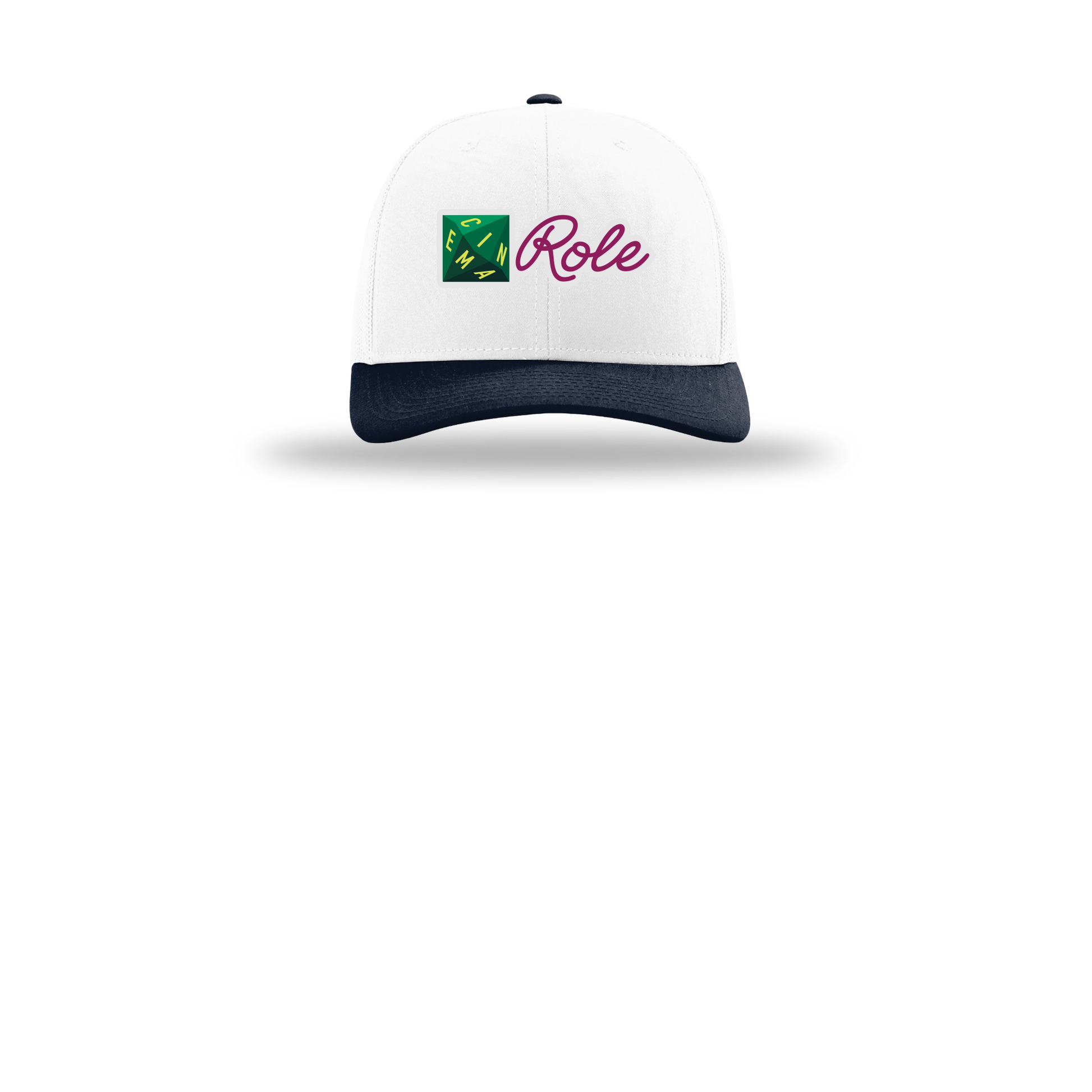 cinemarole-richardson-trucker-cap-embroidery-capfront-R112-whitewhitenavy-flat-front